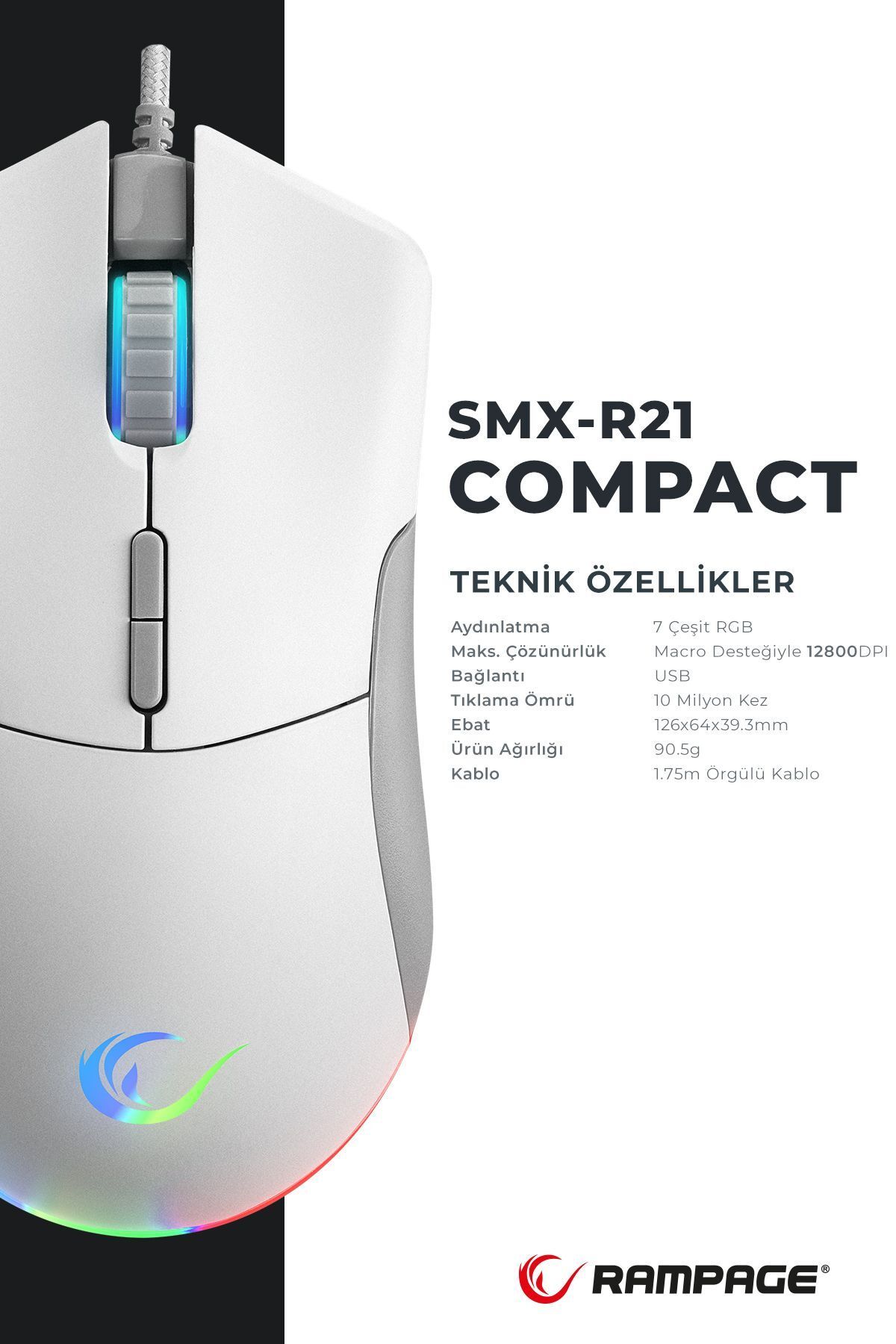 Rampage Smx-r21 Compact Usb Beyaz Rgb Ledli Makrolu 12800dpi / 1000hz Drag Click Gaming Oyuncu Mouse