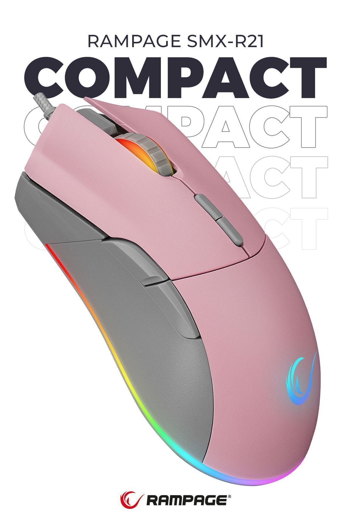 Rampage Smx-r21 Compact Usb Pembe Rgb Ledli Makrolu 12800dpi / 1000hz Drag Click Gaming Oyuncu Mouse