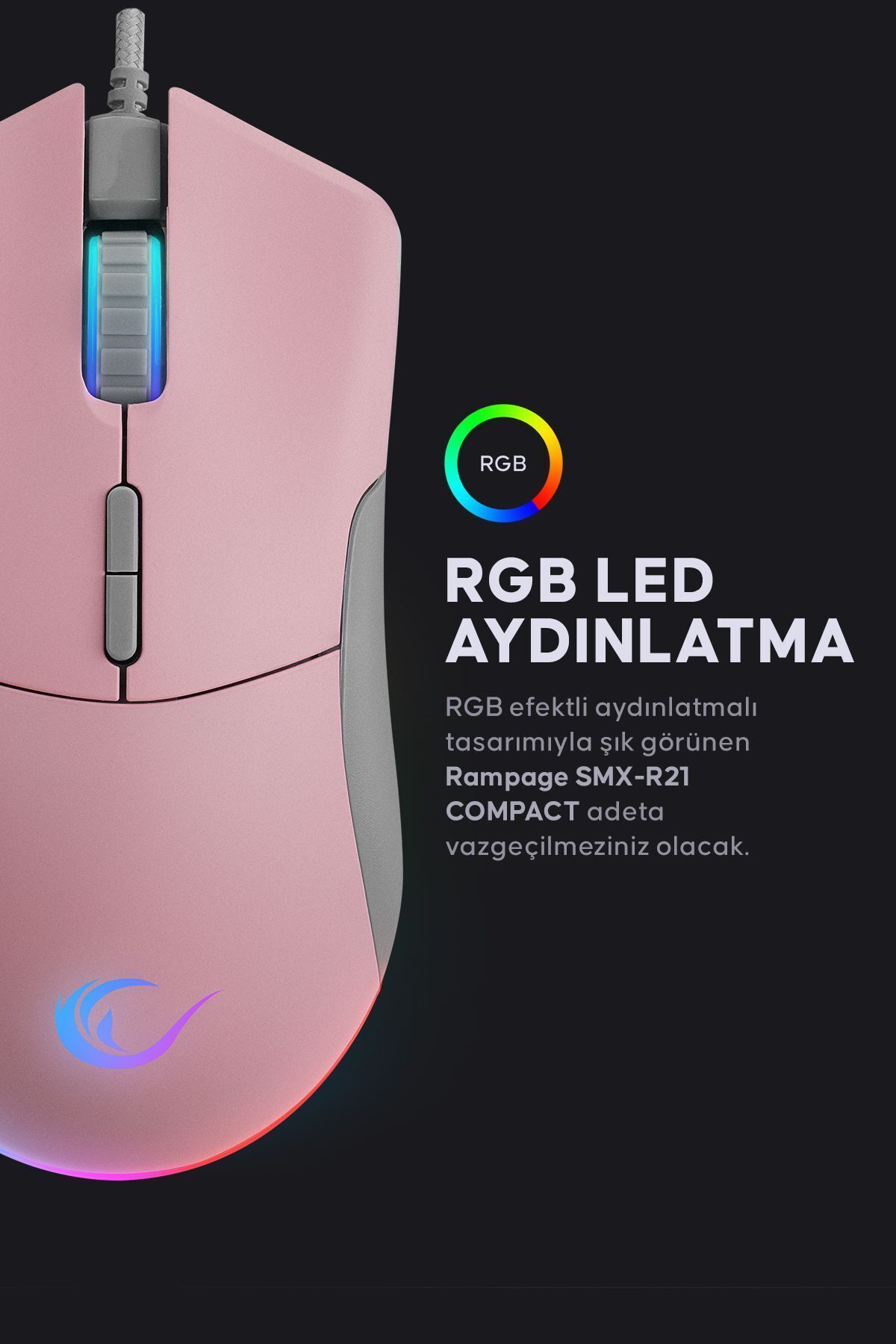 Rampage Smx-r21 Compact Usb Pembe Rgb Ledli Makrolu 12800dpi / 1000hz Drag Click Gaming Oyuncu Mouse