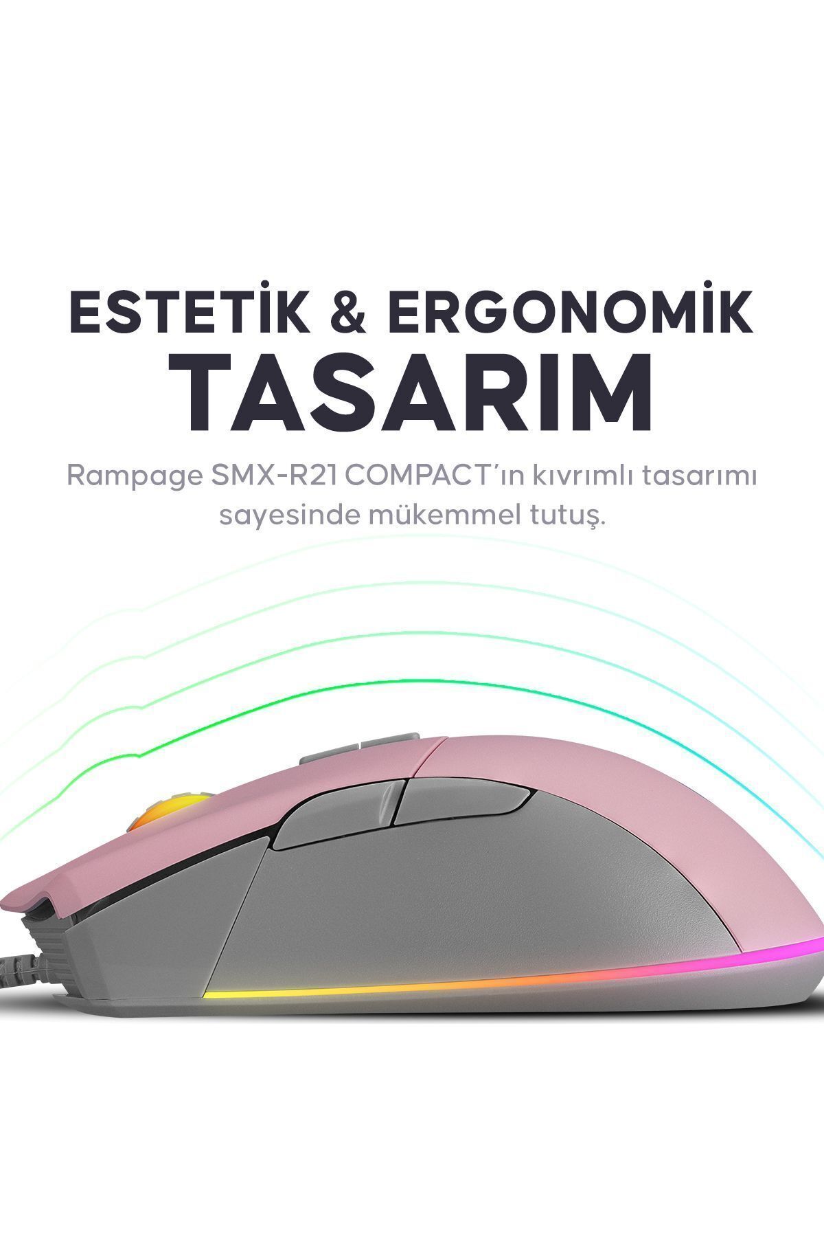 Rampage Smx-r21 Compact Usb Pembe Rgb Ledli Makrolu 12800dpi / 1000hz Drag Click Gaming Oyuncu Mouse