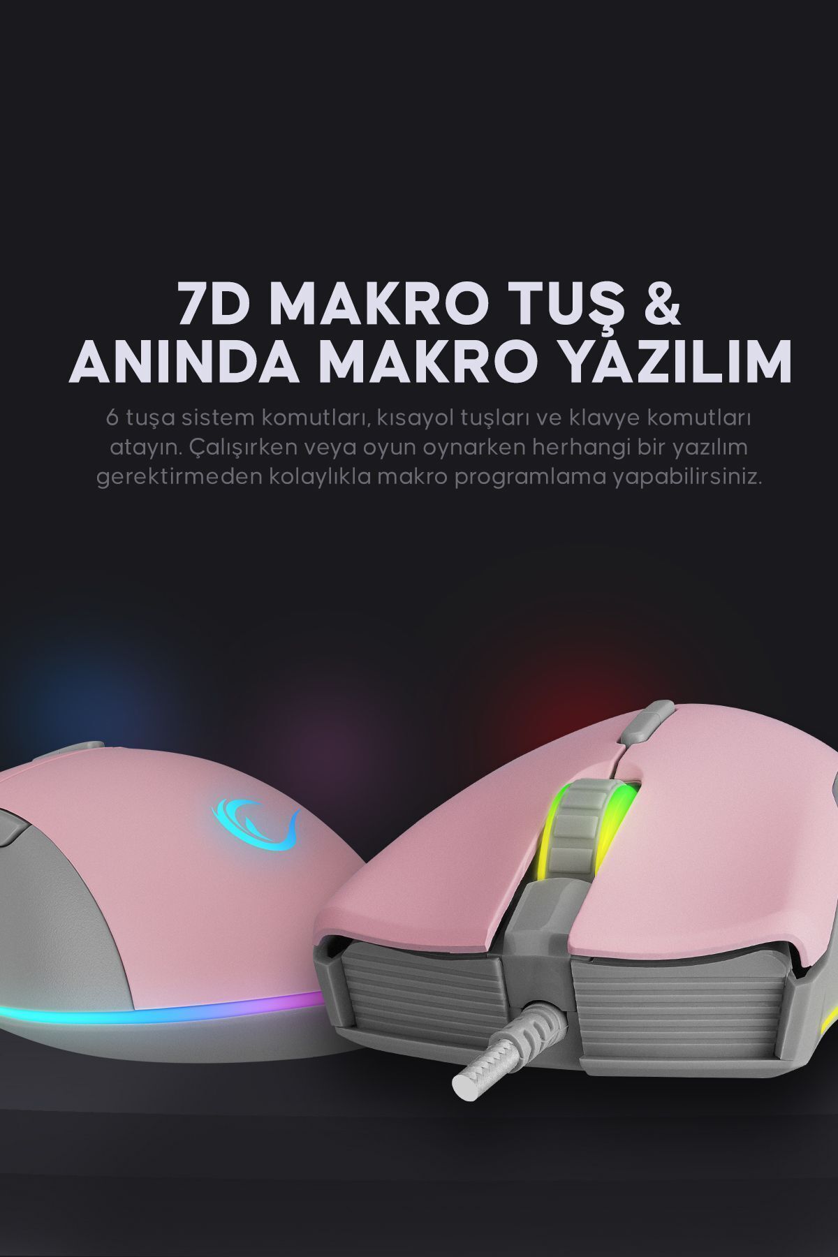 Rampage Smx-r21 Compact Usb Pembe Rgb Ledli Makrolu 12800dpi / 1000hz Drag Click Gaming Oyuncu Mouse