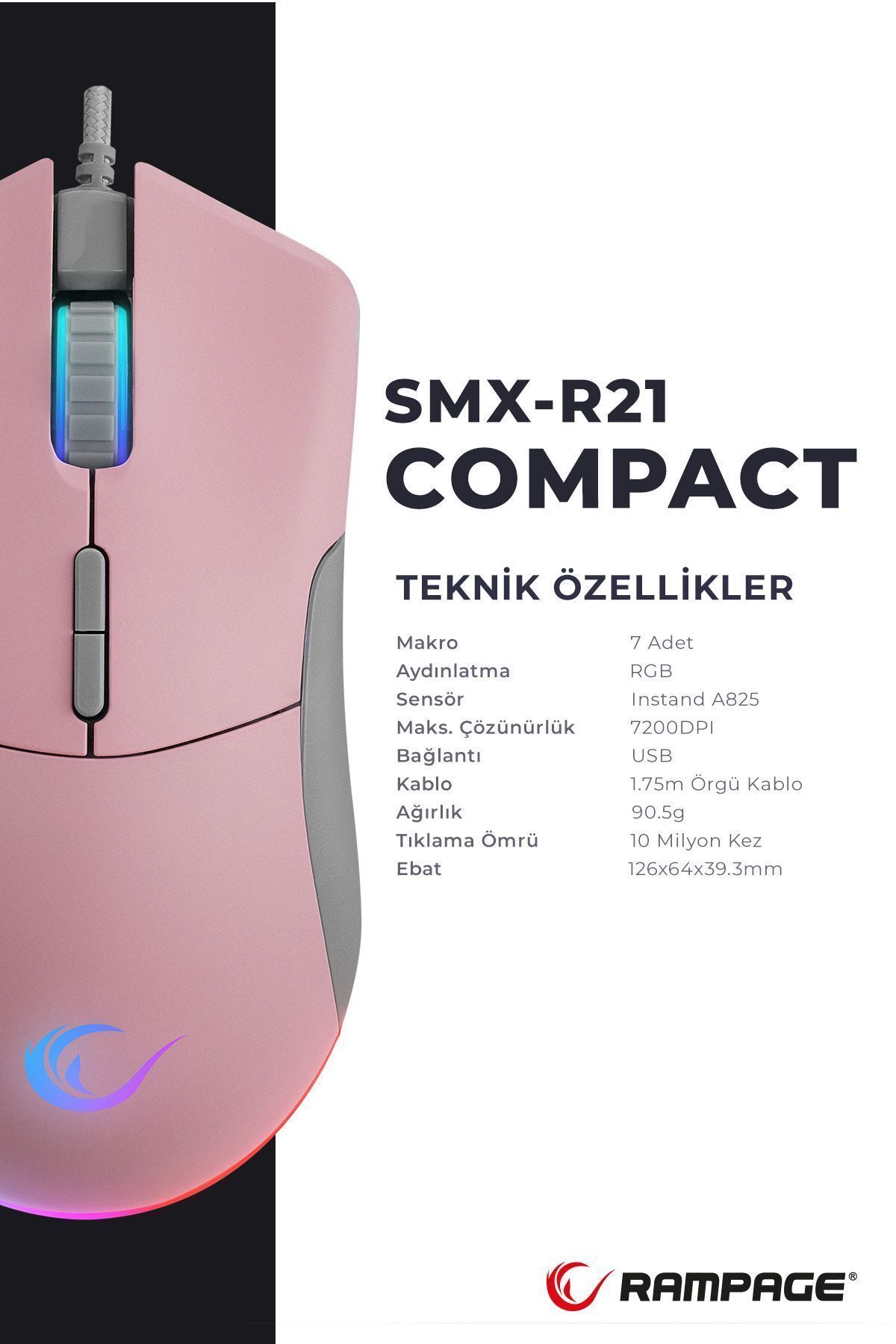 Rampage Smx-r21 Compact Usb Pembe Rgb Ledli Makrolu 12800dpi / 1000hz Drag Click Gaming Oyuncu Mouse