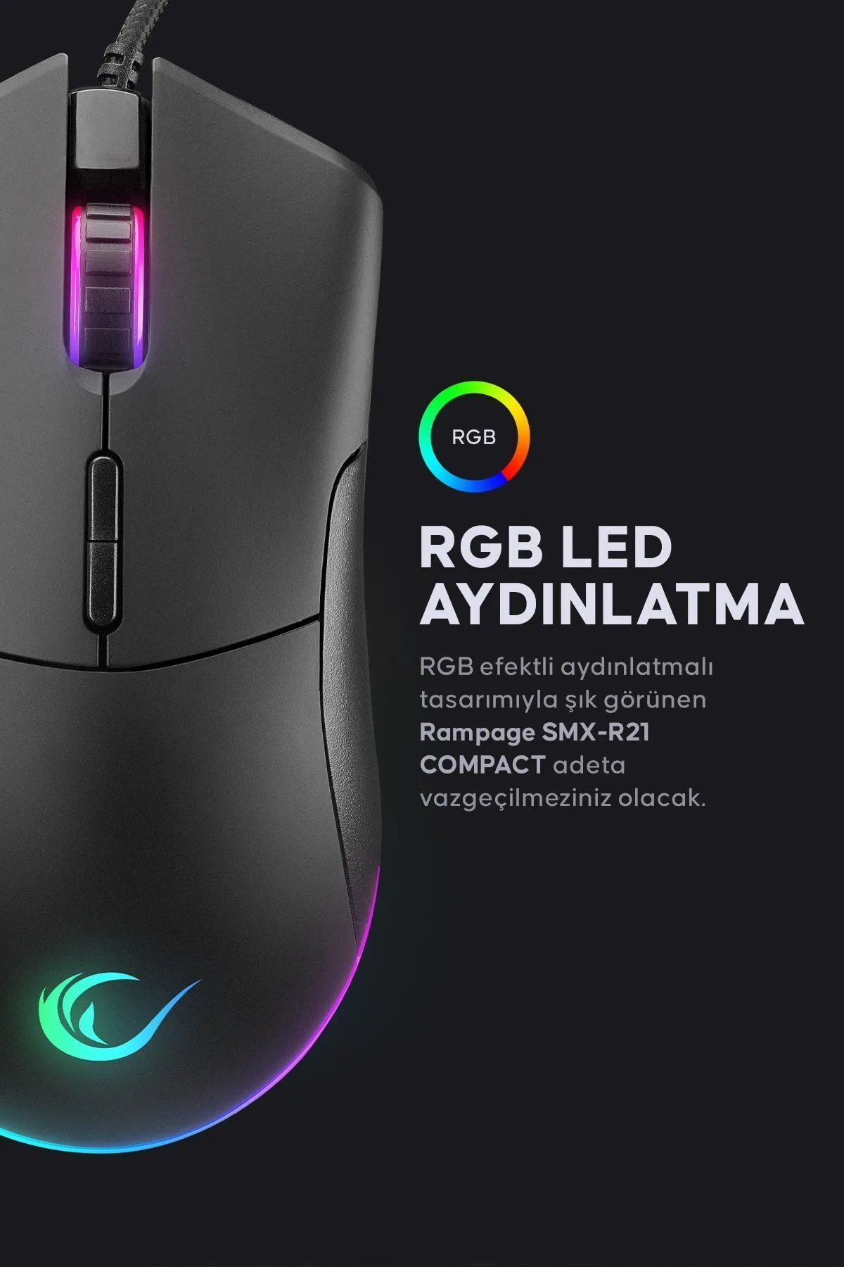 Rampage Smx-r21 Compact Usb Siyah Rgb Ledli Makrolu 12800dpi / 1000hz Drag Click Gaming Oyuncu Mouse