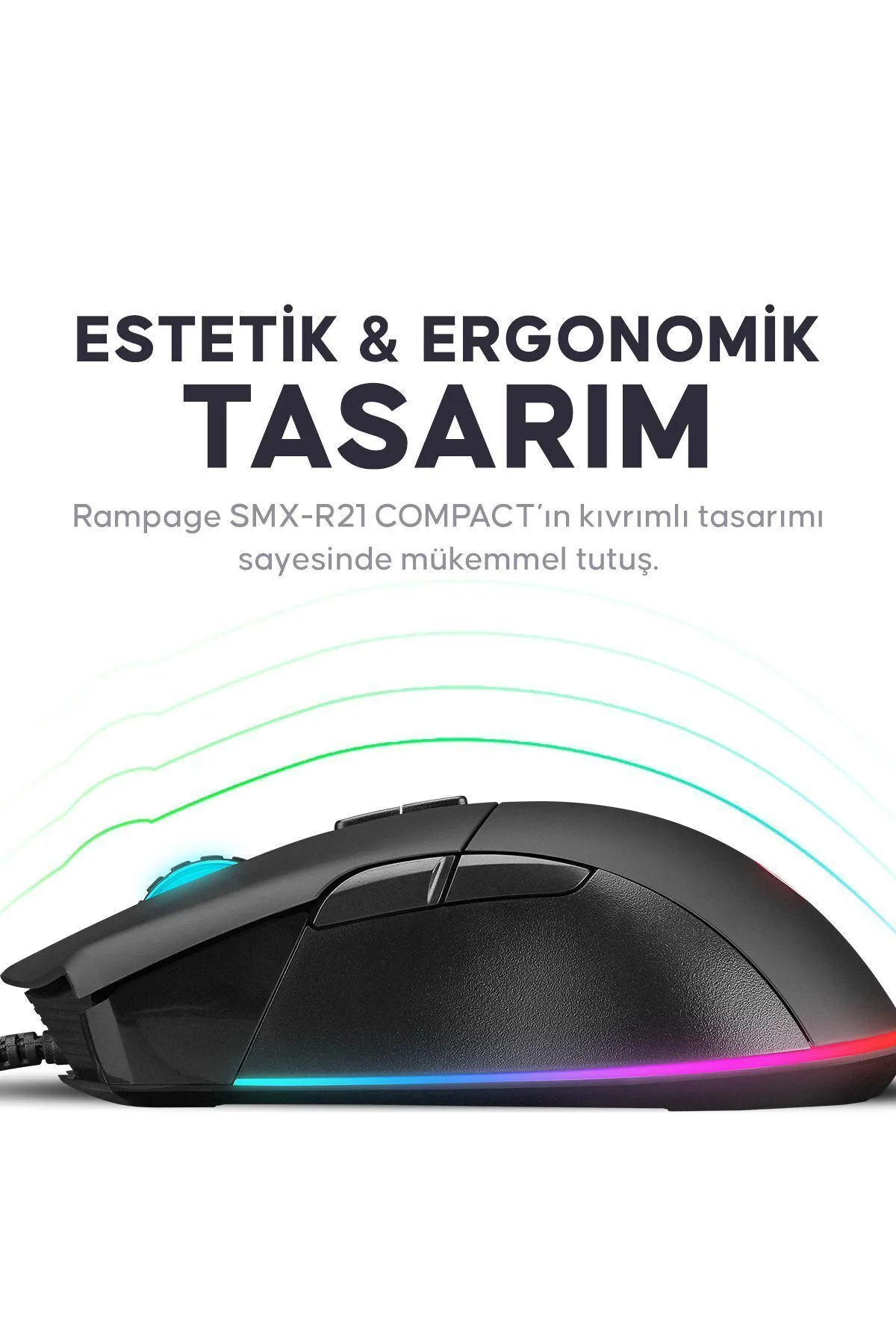 Rampage Smx-r21 Compact Usb Siyah Rgb Ledli Makrolu 12800dpi / 1000hz Drag Click Gaming Oyuncu Mouse