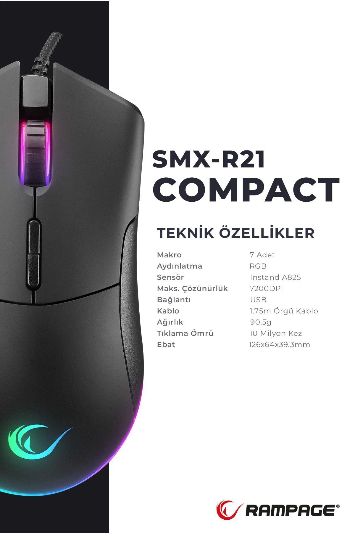 Rampage Smx-r21 Compact Usb Siyah Rgb Ledli Makrolu 12800dpi / 1000hz Drag Click Gaming Oyuncu Mouse