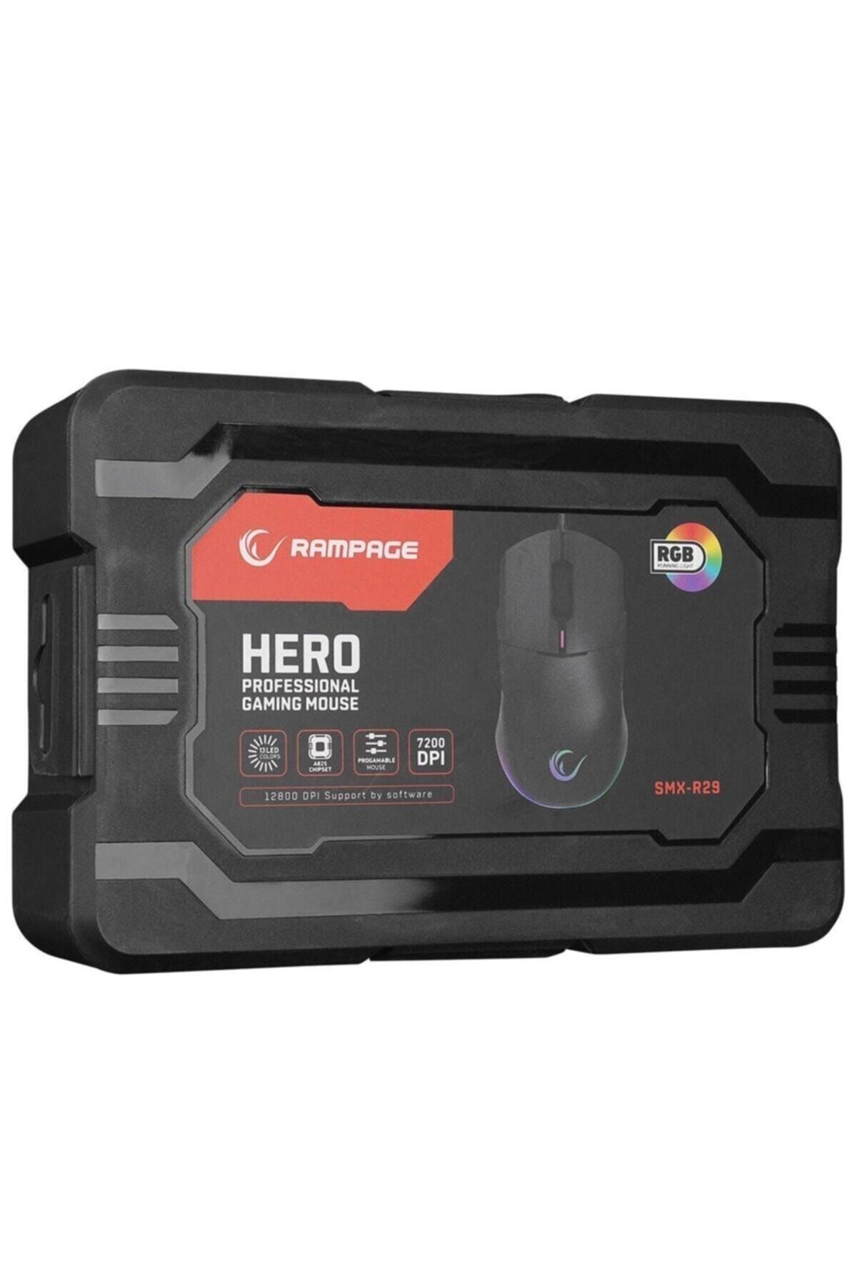 Rampage Smx-r29 Hero Usb Siyah Rgb Işıklı+macro 7200dpi / 1000hz Gaming Oyuncu Mouse Modern Tasarım 8263