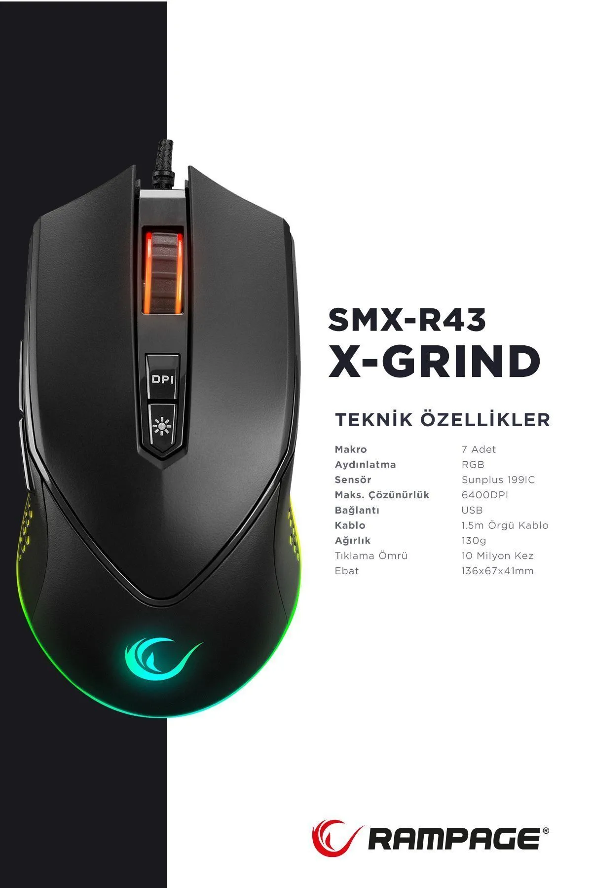 Rampage Smx-r43 X-grind Usb Siyah 6400 Dpi Rgb Led Efektli Gaming Oyuncu Mouse Modern Tasarım 826334