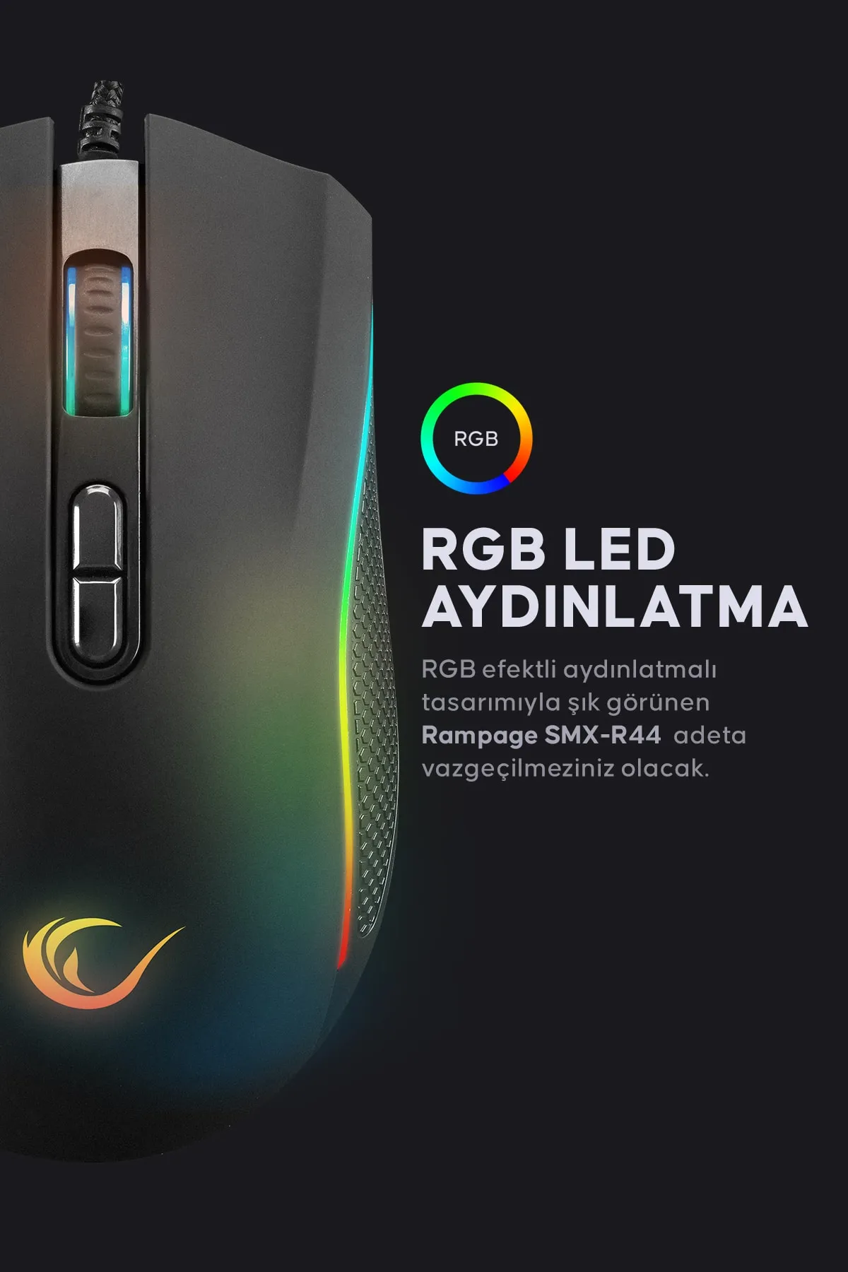 Rampage SMX-R44 Makrolu 6400DPI RGB Ledli Oyuncu Mouse Siyah