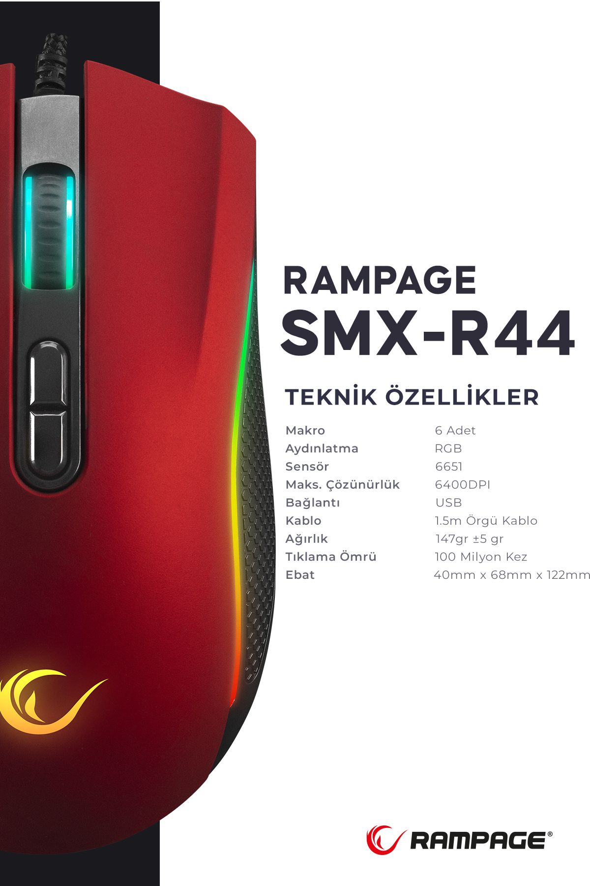 Rampage SMX-R44 Makrolu Kırmızı 6400dpi RGB Ledli Gaming Oyuncu Mouse