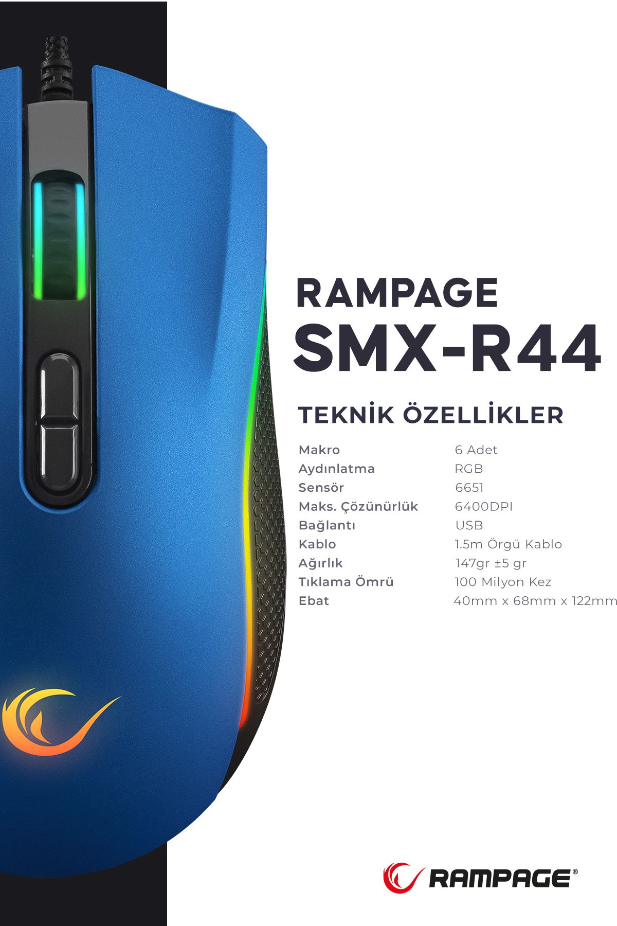 Rampage Smx-r44 Makrolu Mavi 6400dpi Rgb Ledli Gaming Oyuncu Mouse