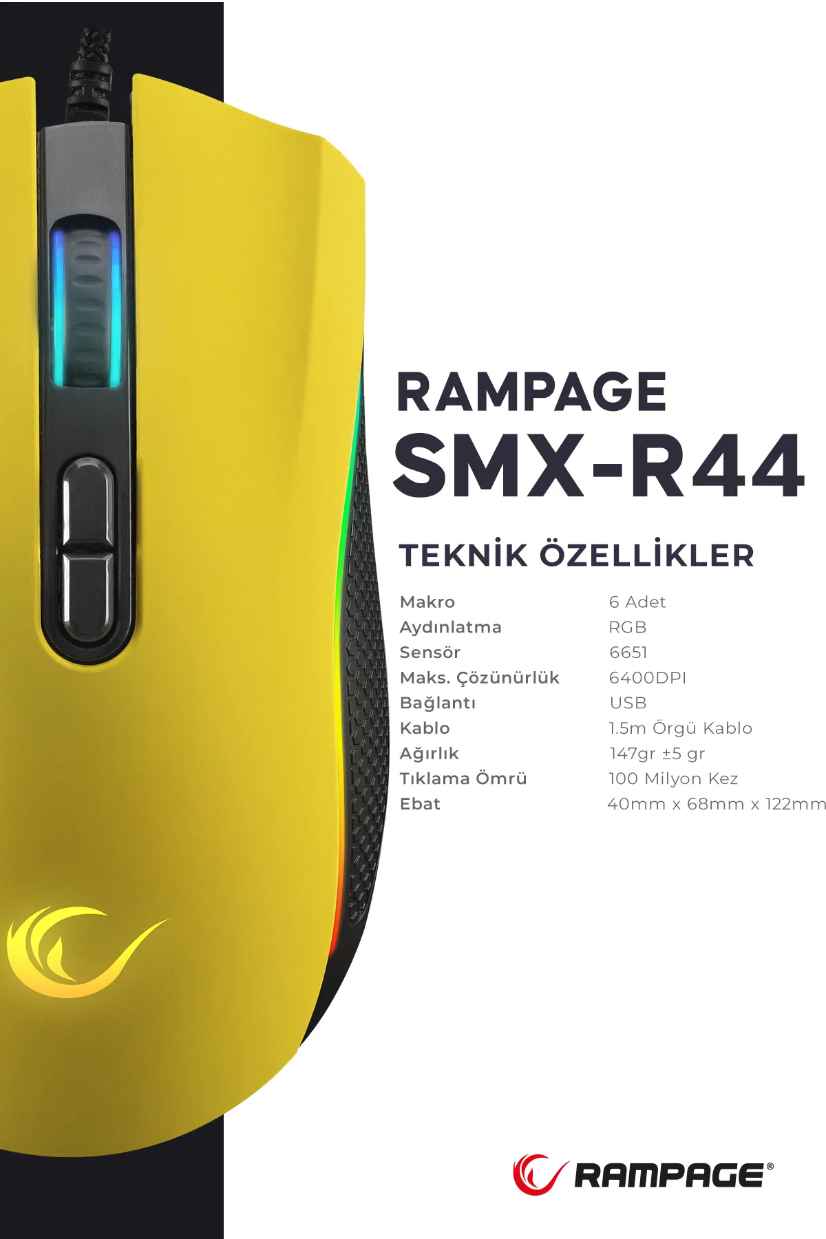 Rampage SMX-R44 Makrolu Sarı 6400dpi RGB Ledli Gaming Oyuncu Mouse