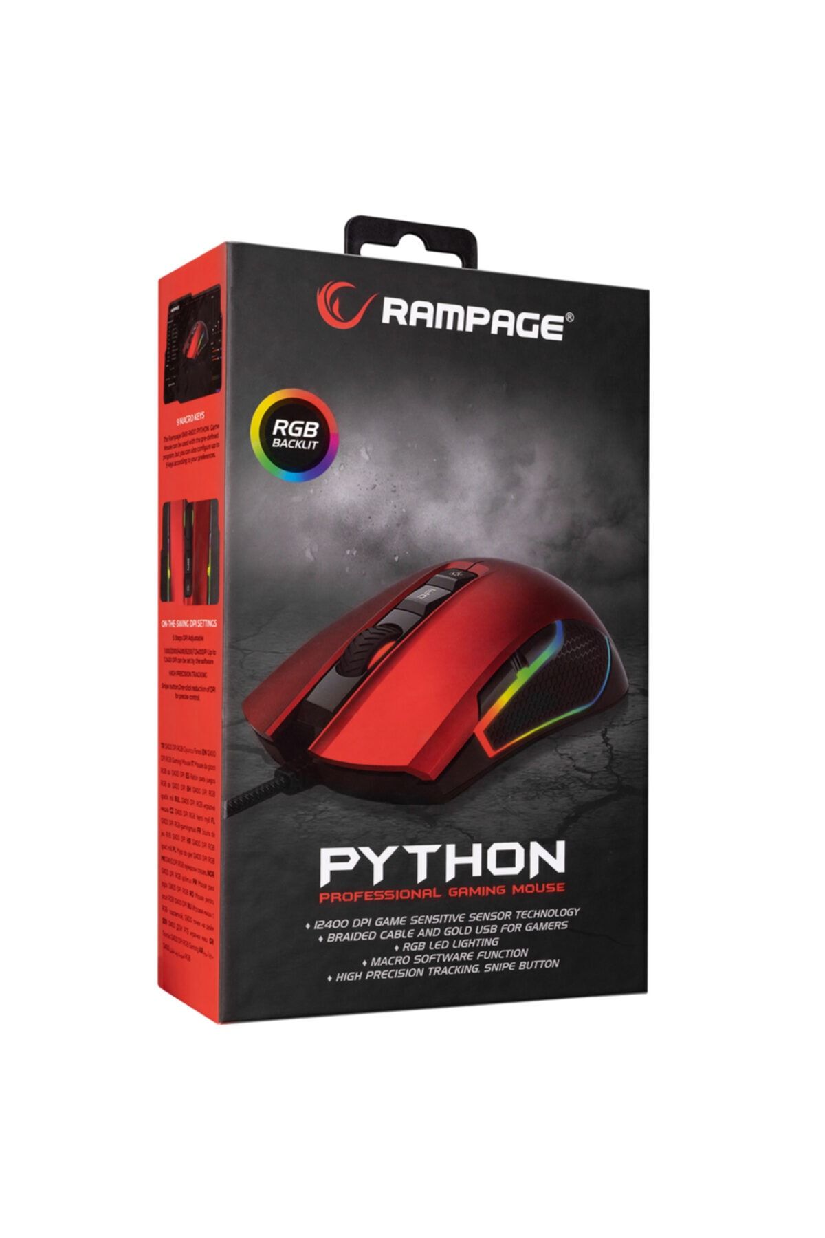 Rampage Smx-r600 Python Red 12400dpi Rgb Makrolu Kırmızı Oyuncu Mouse (Rampage Türkiye Garantili)