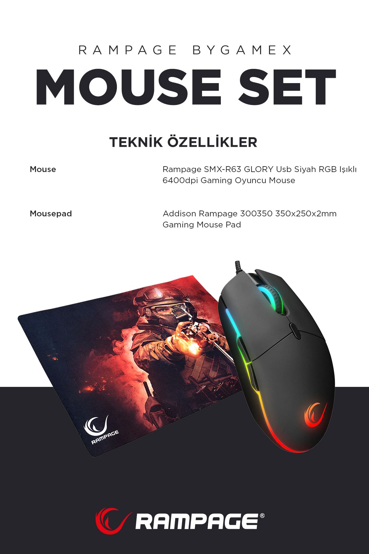 Rampage Smx-r63 Rgb Oyuncu Mouse & Bygamex 25x35cm Mousepad 2li Set