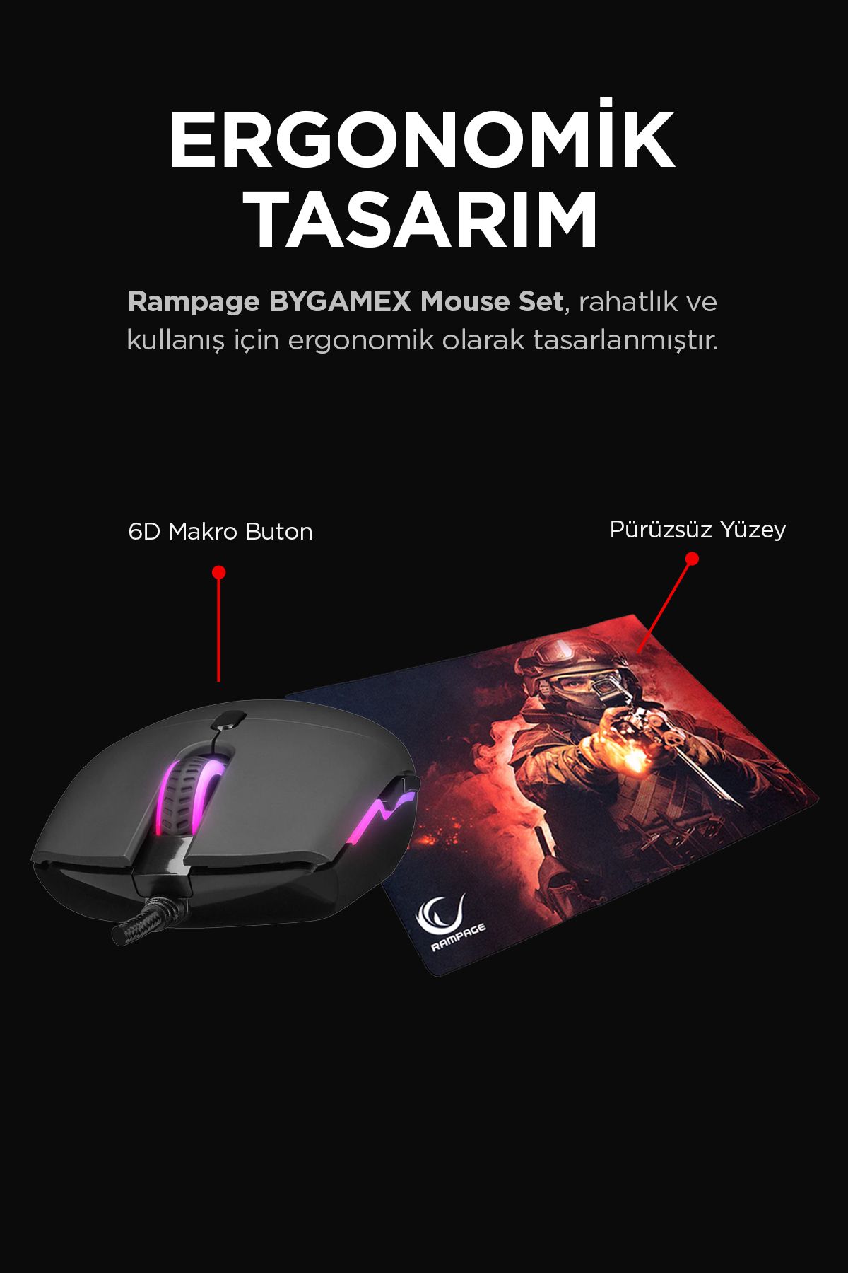 Rampage Smx-r63 Rgb Oyuncu Mouse & Bygamex 25x35cm Mousepad 2li Set