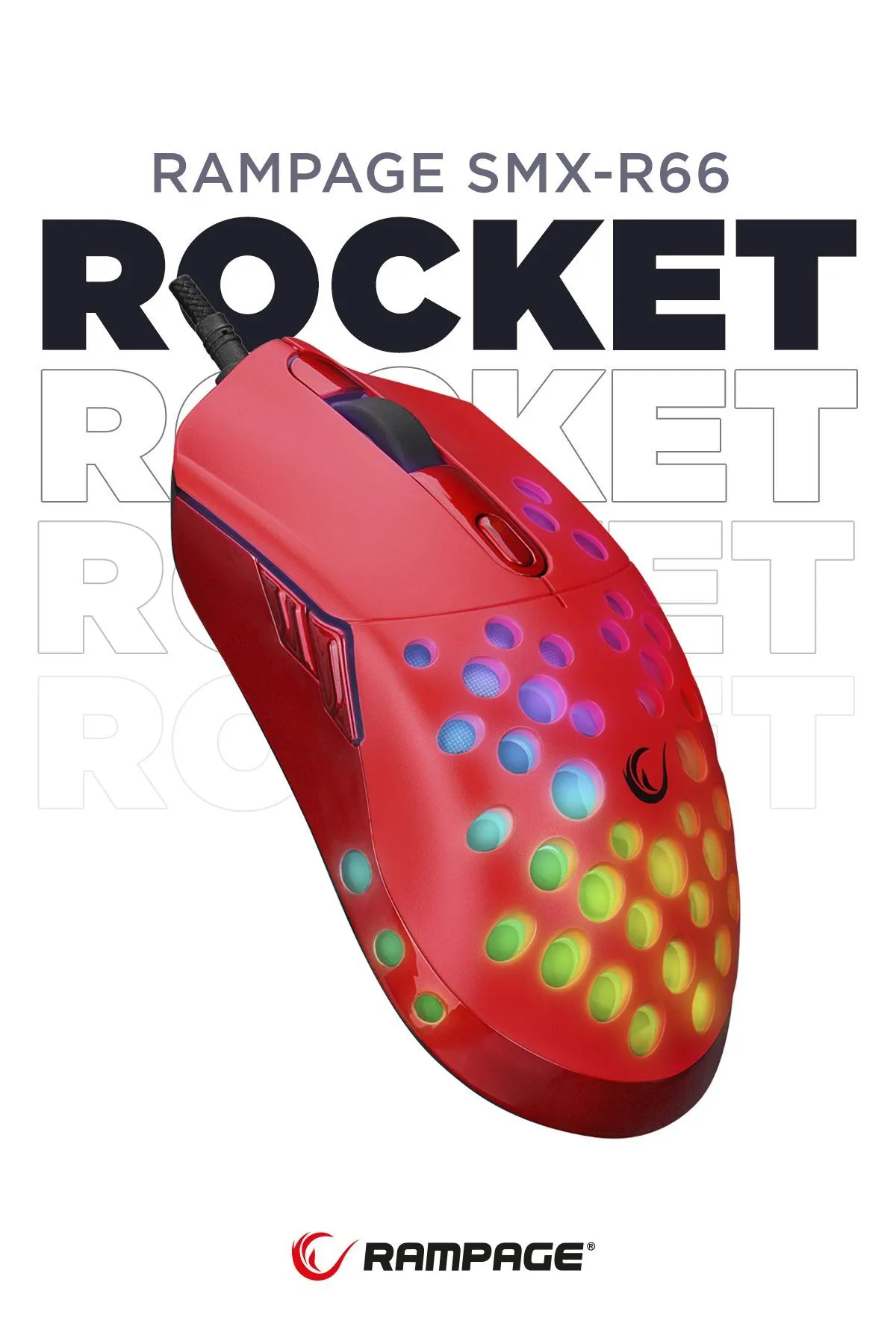 Rampage SMX-R66 ROCKET Ultra Hafif Kırmızı RGB Ledli 12000dpi Gaming Oyuncu Mouse Modern Tasarım 431550