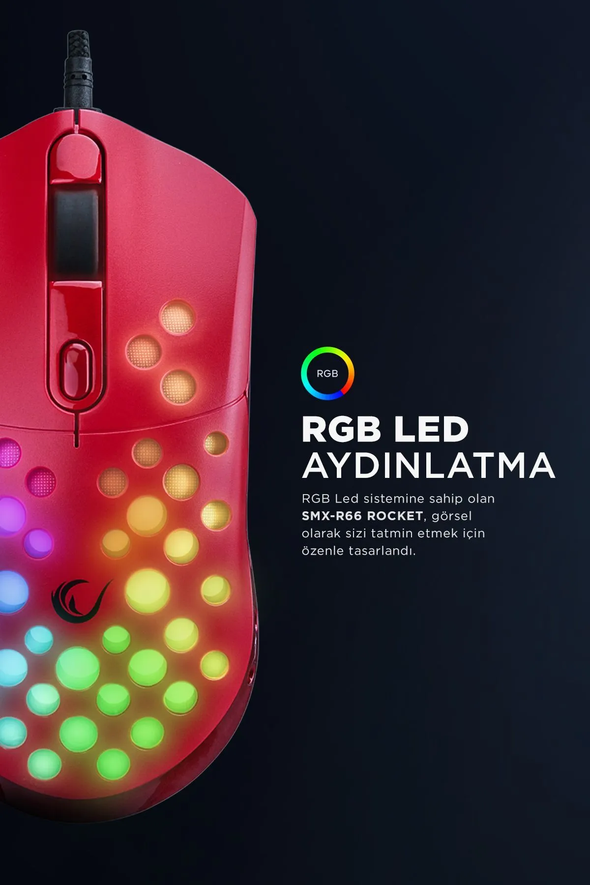 Rampage SMX-R66 ROCKET Ultra Hafif Kırmızı RGB Ledli 12000dpi Gaming Oyuncu Mouse Modern Tasarım 431550