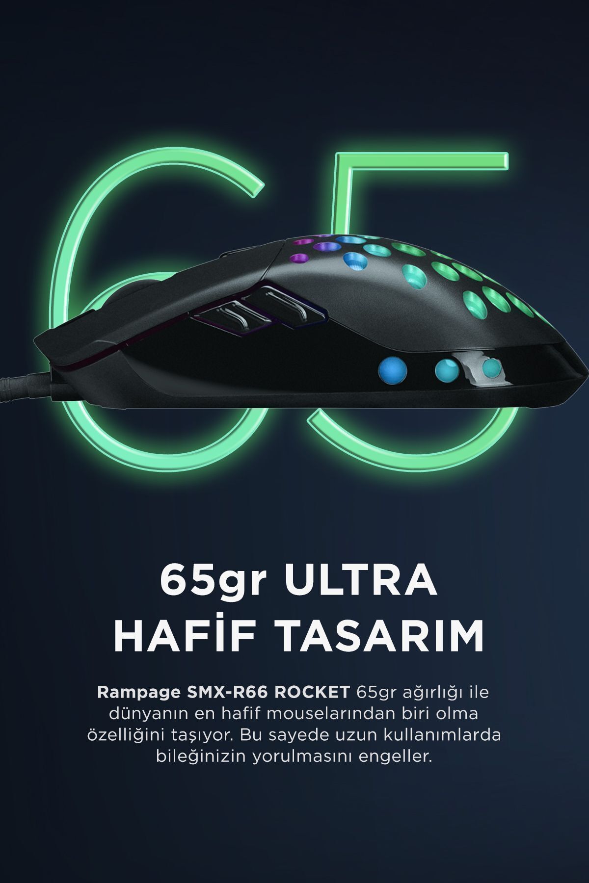 Rampage SMX-R66 ROCKET Ultra Hafif Siyah RGB Ledli 12000dpi Gaming Oyuncu Mouse Modern Tasarım 431550