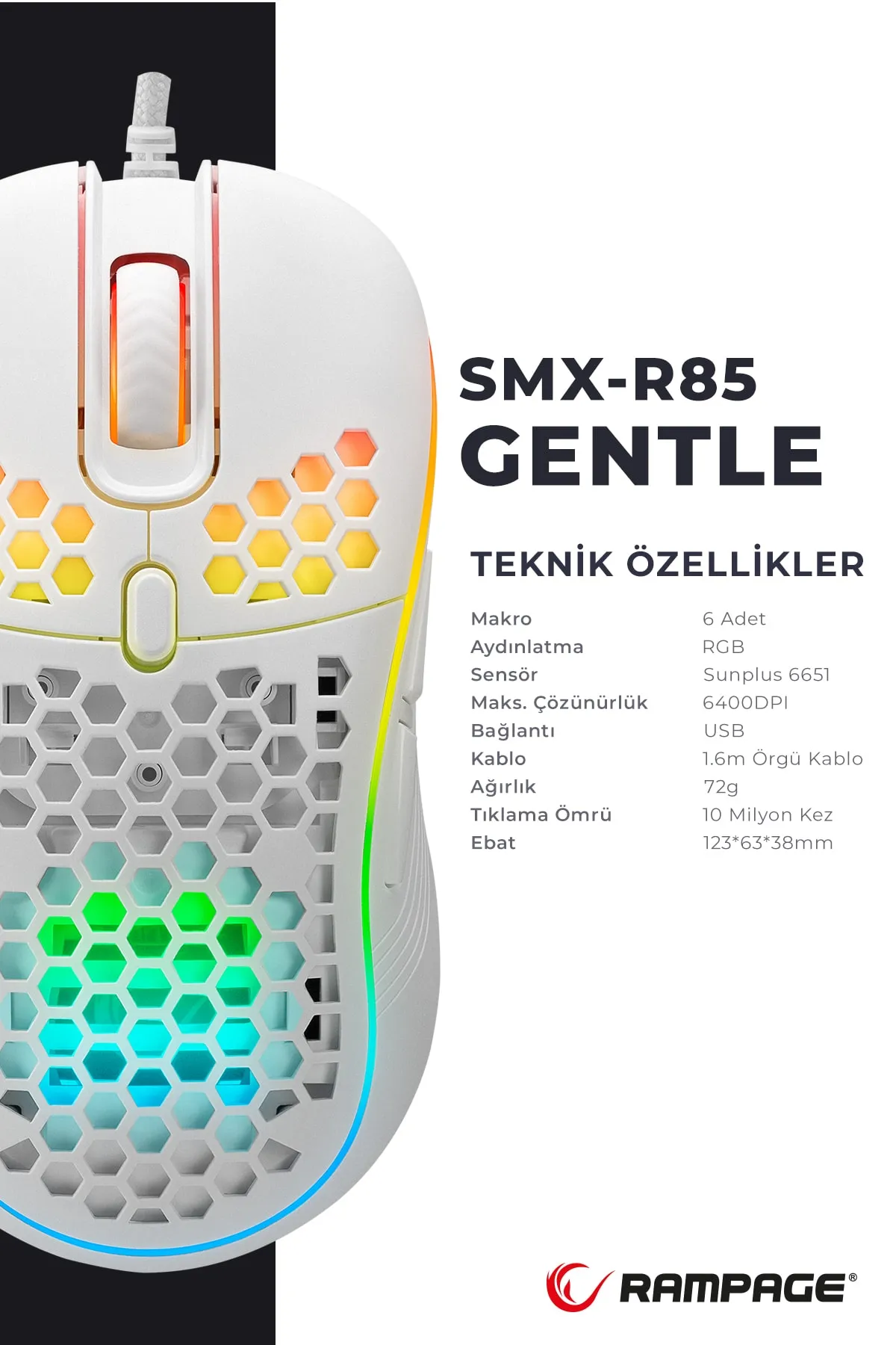 Rampage Smx-r85 Gentle 12800dpi Beyaz Rgb Ledli Süper Hafif Makrolu Gaming Oyuncu Mouse En Yeni 440583