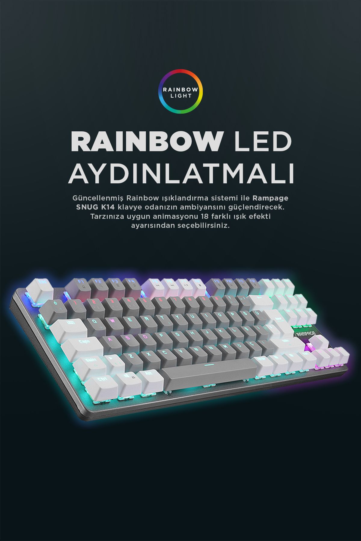 Rampage Snug K14 Beyaz/gri Kırmızı Red Switch Rainbow 87 Tuş Tkl Mekanik Gaming Oyuncu Klavyesi Kompakt