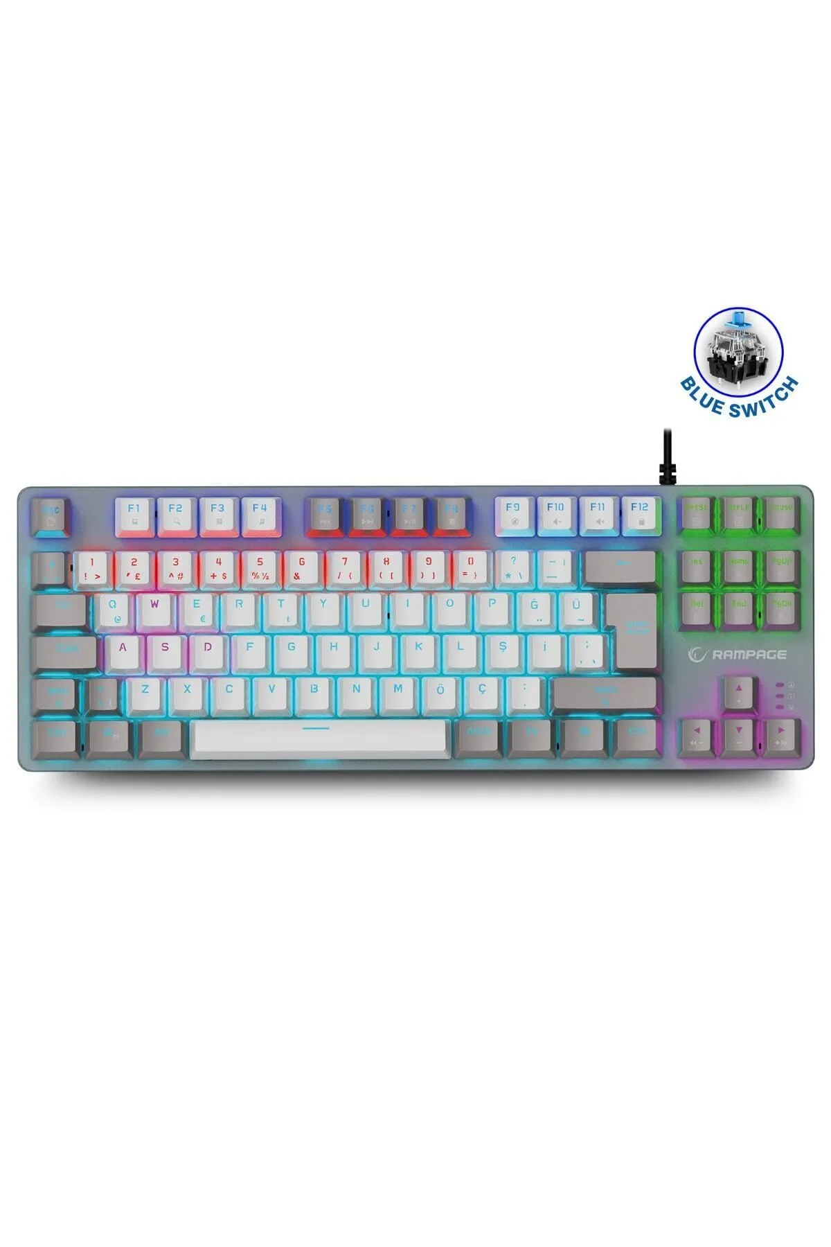 Rampage Snug K14 Beyaz/Gri Rainbow TKL Mekanik Klavye Gaming Oyuncu Klavye 87 Tuşlu Süper Kompakt