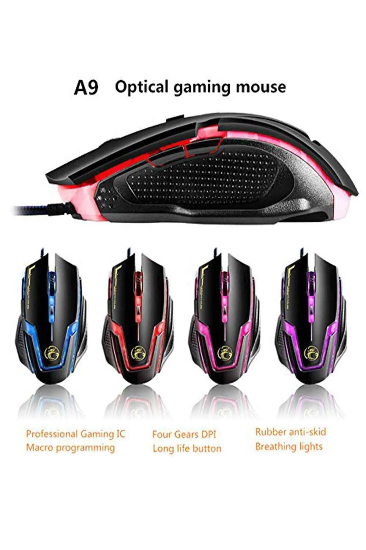 TahTicMer Sonia A9 Oyun Mouse Kablolu Usb Optik Oyuncu Mause Ergonomik Led Işıklı Gaming 6 Tuş Fonksiyon