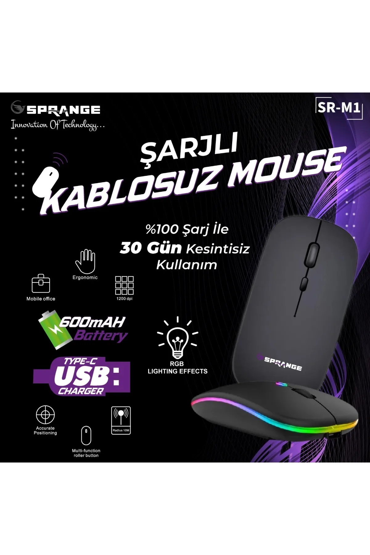 Concord SR-M1 Wireless Şarjlı Kablosuz Mouse Bluetooth TYPE-C 500mAh Led Light 800/1200/1600dpi