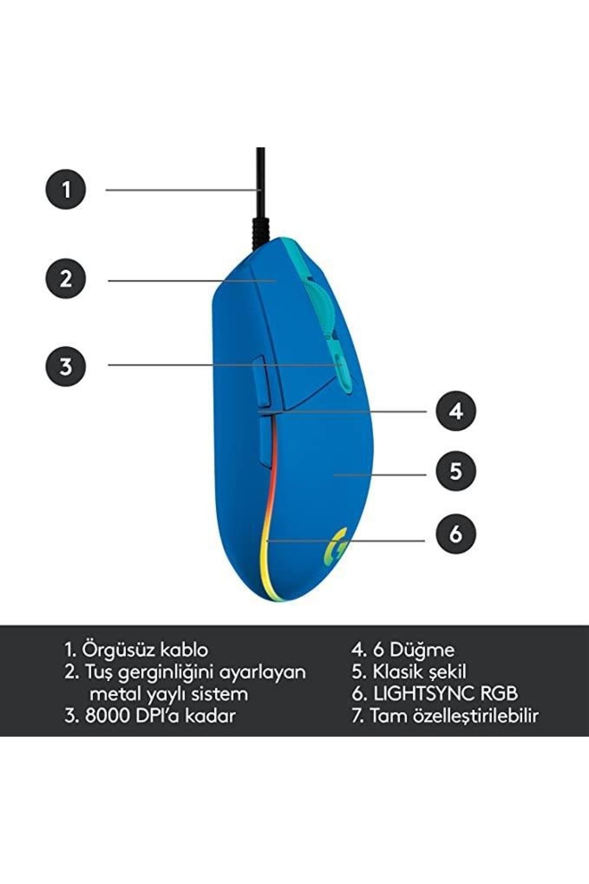 Logitech Srknx G102 Mavi Lightsync Optik Kablolu Oyuncu Mouse + Oem Gaming Mouse Pad 40x30cm Modelist 999178