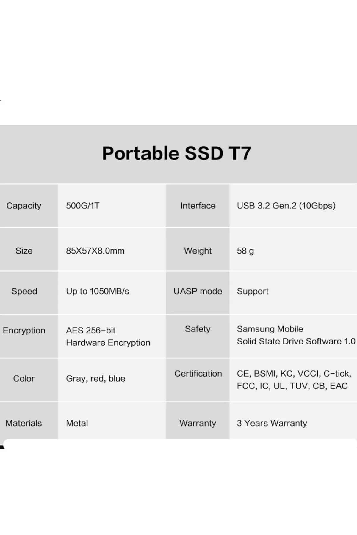 Samsung Ssd T7 Taşınabilir Harici Katı Hal Sürücüsü 1tb