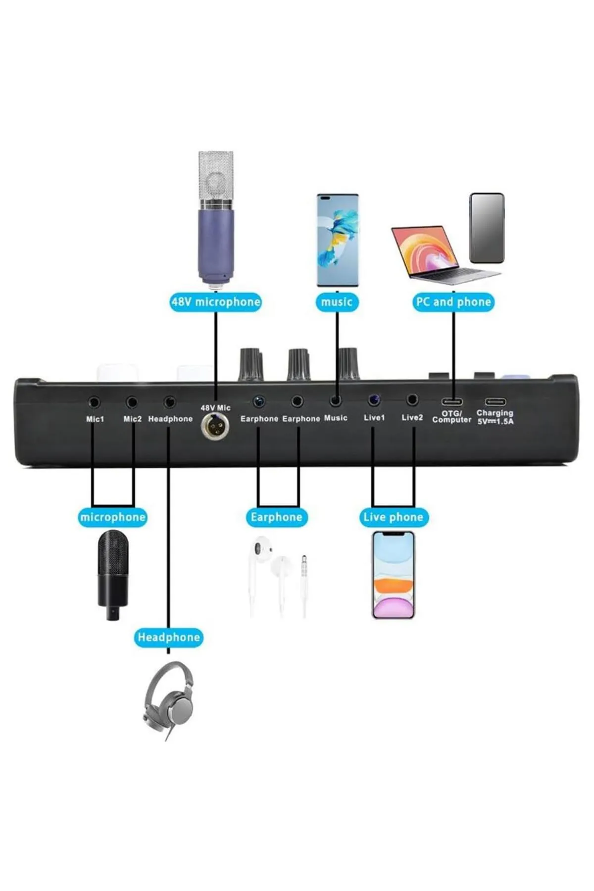 StarkPro STP-DJ18 48 Volt Bluetooth Profesyonel Çoklu Ses Efektleri Gürültü Azaltma Canlı Mikser Ses Kartı