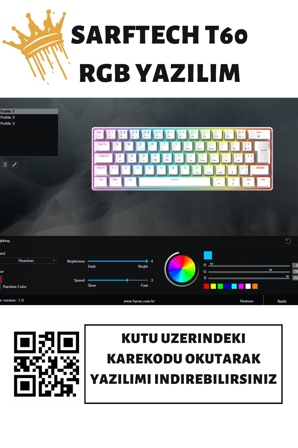 Sarftech T60 Beyaz RGB Klavye Yazılım Uygulamalı Kablolu Gaming Oyuncu Klavyesi T60