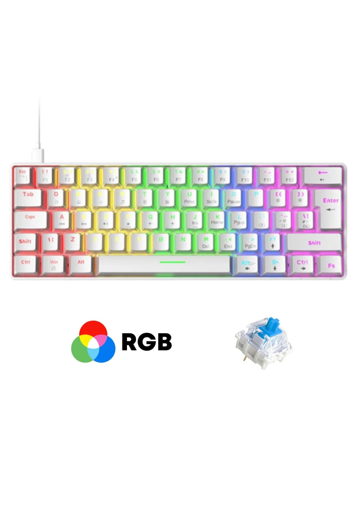 Sarftech T60 Beyaz RGB Klavye Yazılım Uygulamalı Kablolu Gaming Oyuncu Klavyesi T60