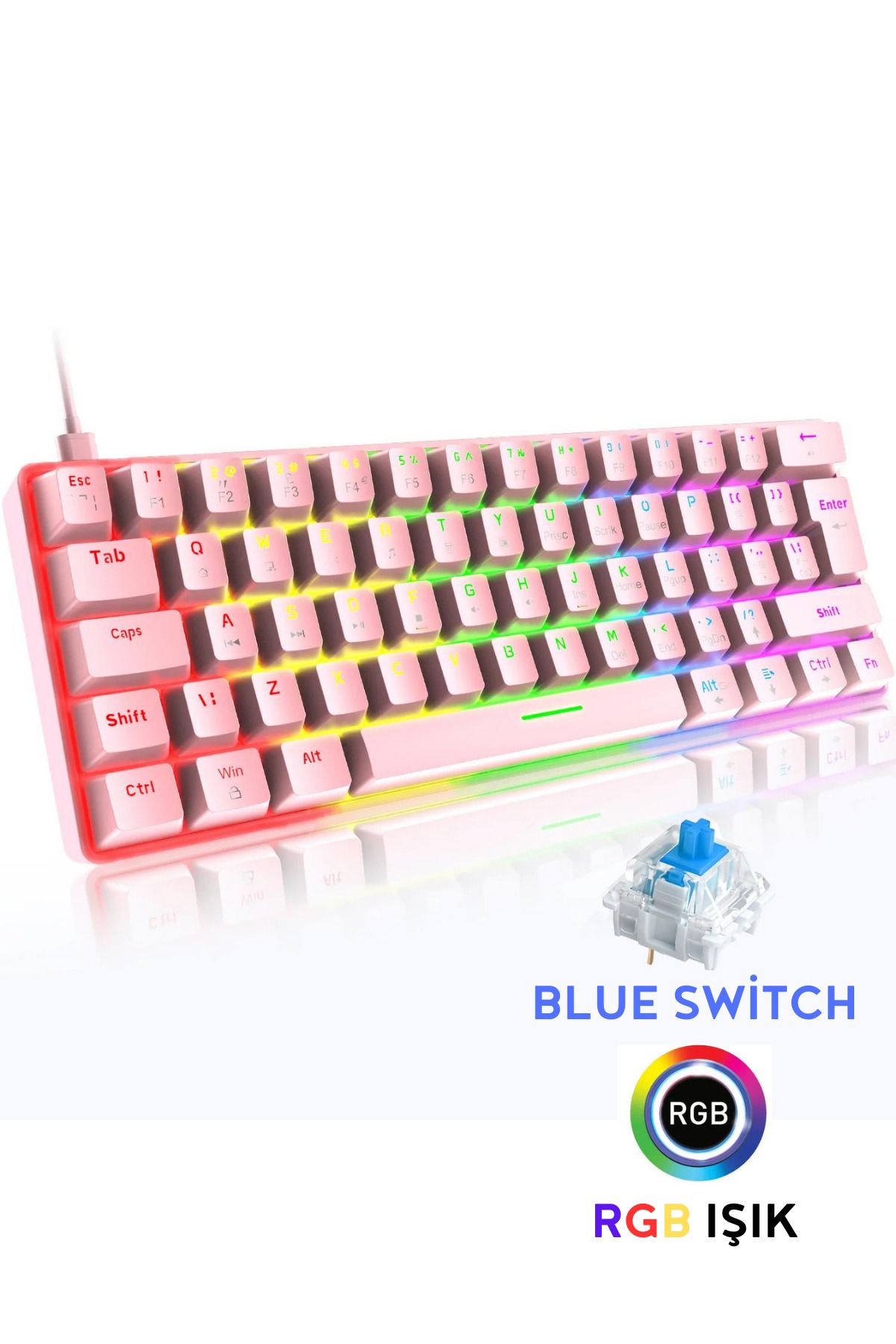 Rever T60 Blue Switch Mekanik Gaming Oyuncu Klavyesi RGB Led Işıklı Pembe Klavye