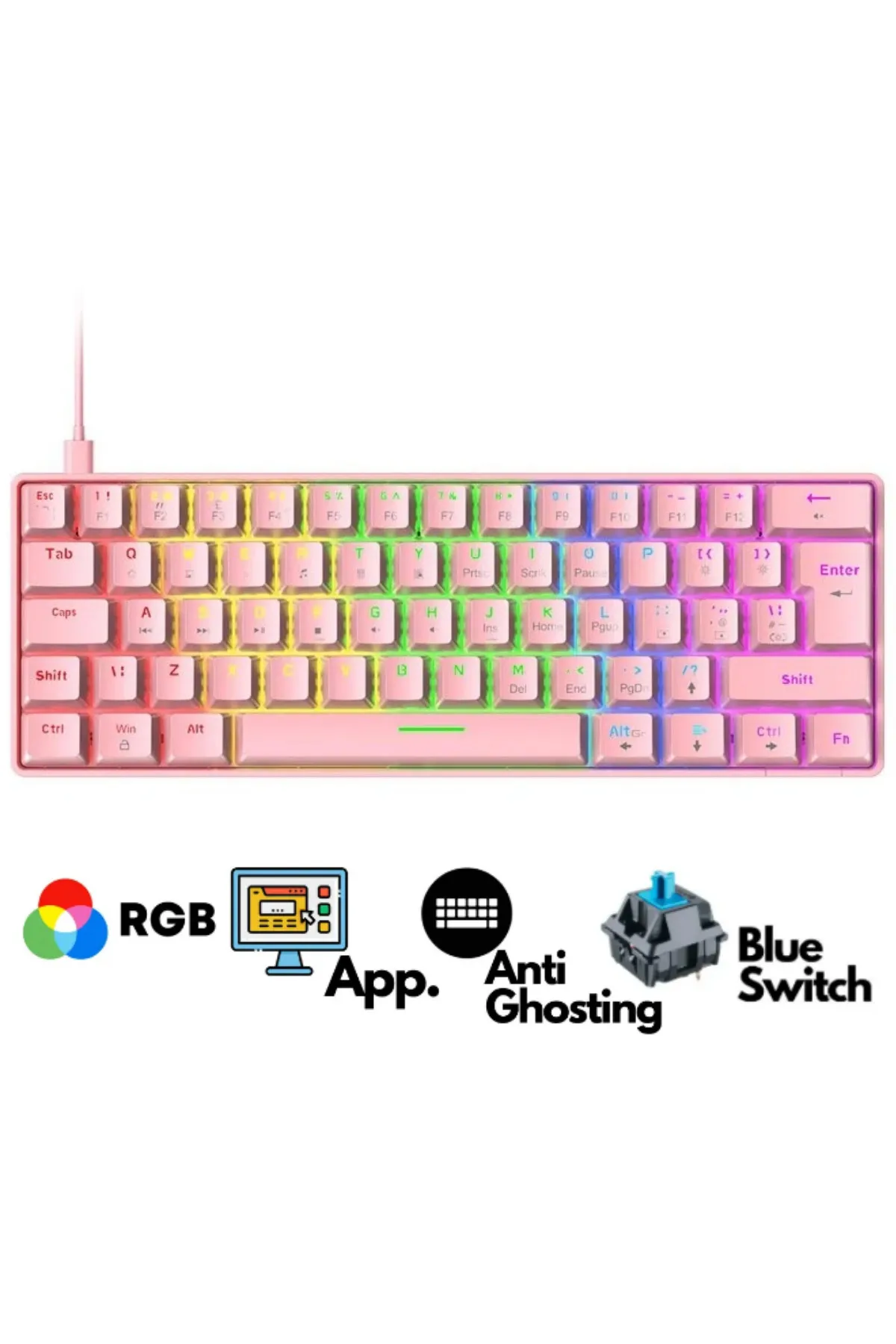 Sarftech T60 Rgb Pembe App Uygulamalı Blue Mavi Switch Rgb Klavye Kablolu Gaming Oyuncu Klavyesi