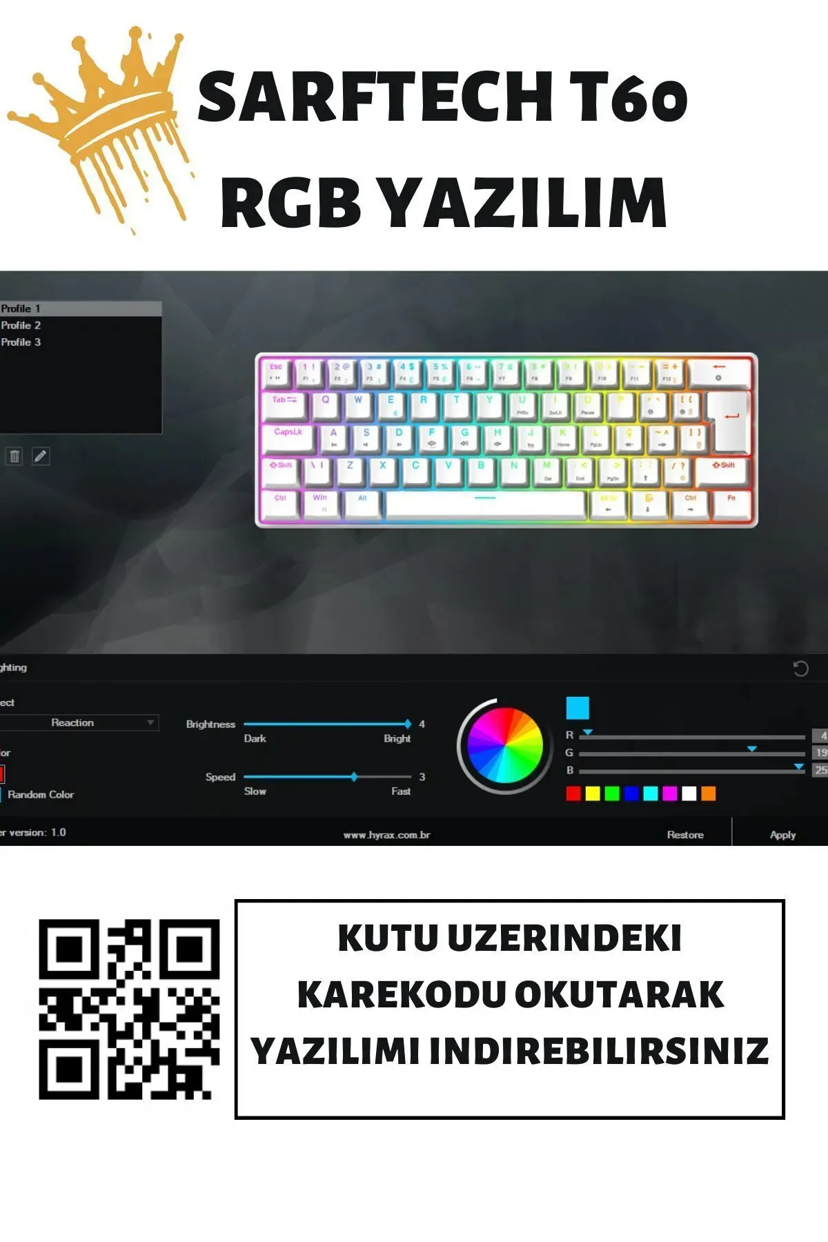 Sarftech T60V Türkçe Q Beyaz Mini Rgb App Uygulamalı Antighosting Mekanik Gaming Oyuncu Klavyesi T60V