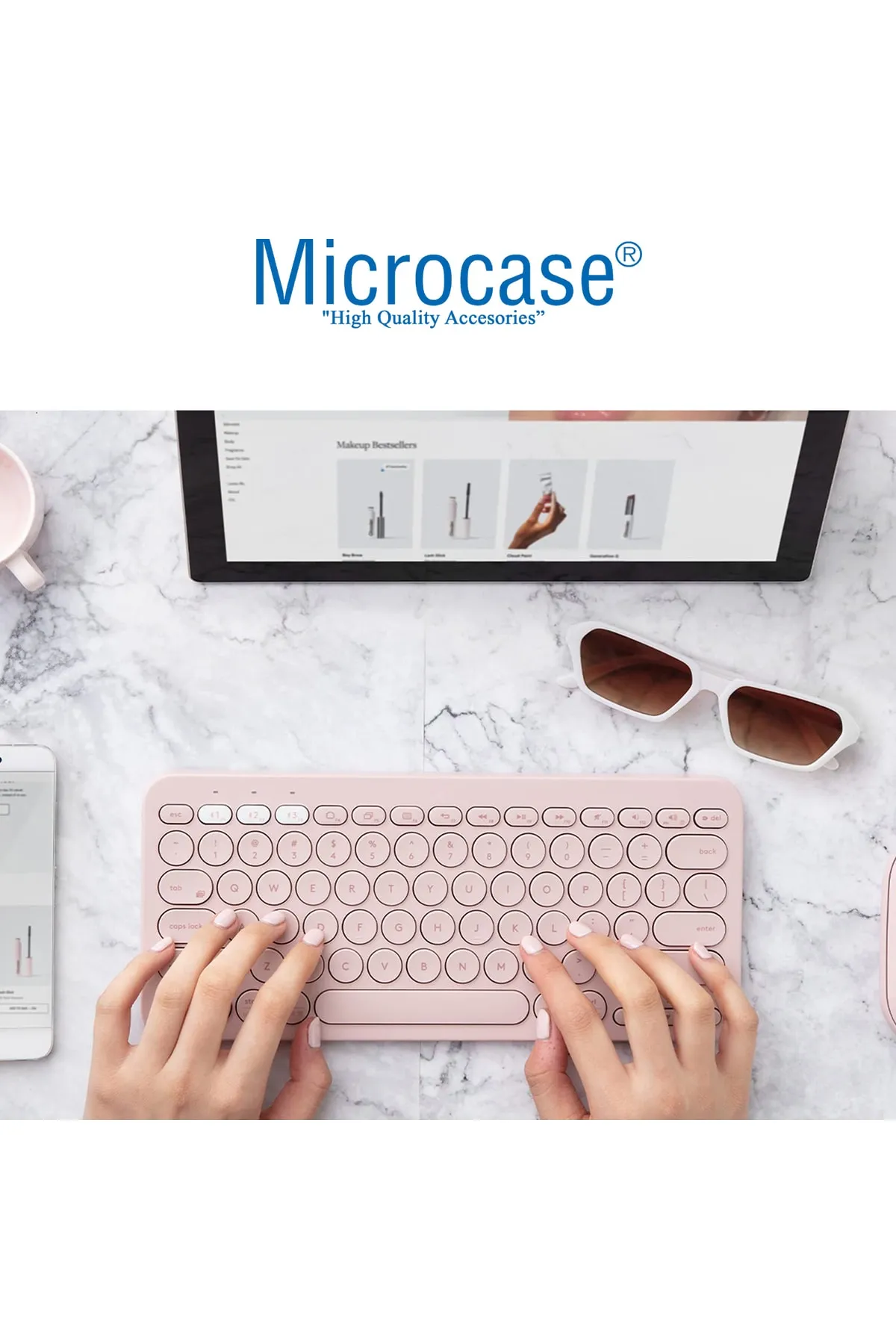 Microcase Tablet Telefon Bilgisayar Için Yuvarlak Tuşlu Bluetooth Kablosuz Klavye - Al3048 Pembe