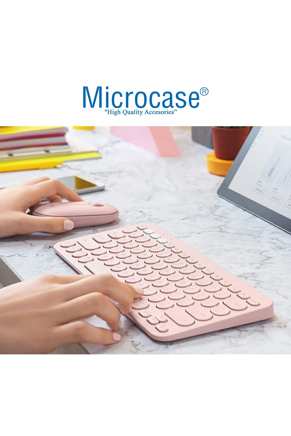 Microcase Tablet Telefon Bilgisayar Için Yuvarlak Tuşlu Bluetooth Kablosuz Klavye - Al3048 Pembe