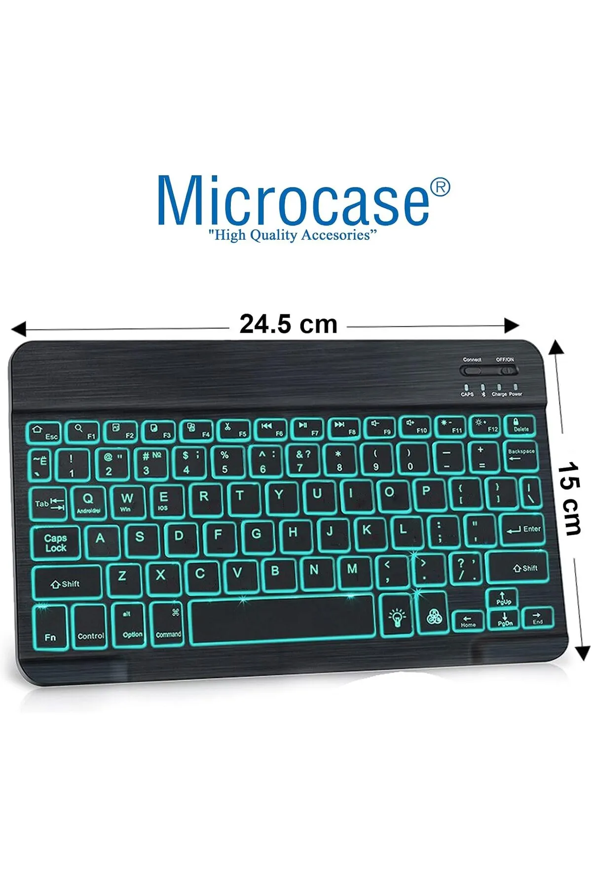 Microcase Tablet Telefonlar içinRGB Led Işıklı Bluetooth Klavye Şarjlı Kablosuz+TR Klavye Sticker-Uyumlu Siyah