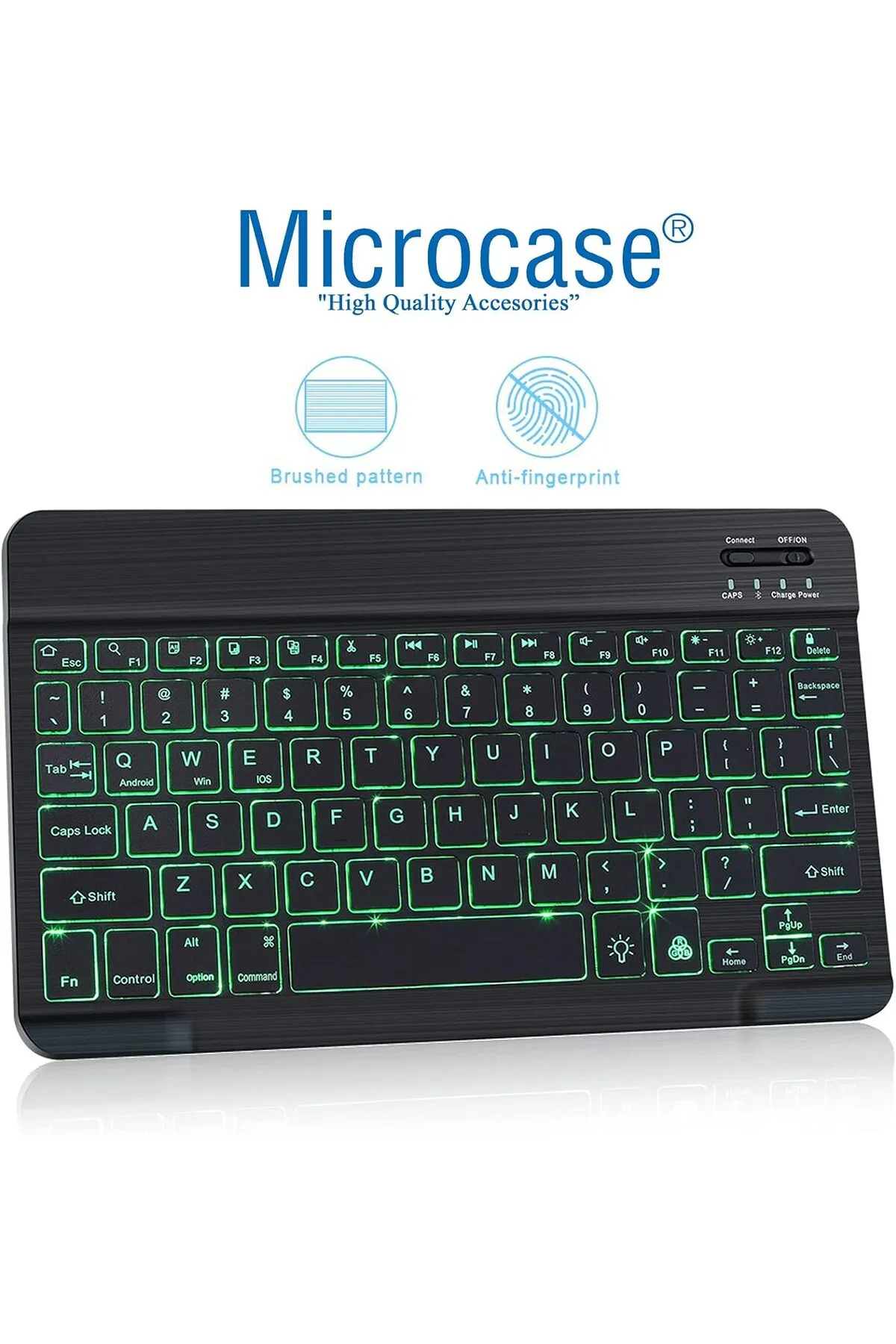 Microcase Tablet Telefonlar içinRGB Led Işıklı Bluetooth Klavye Şarjlı Kablosuz+TR Klavye Sticker-Uyumlu Siyah