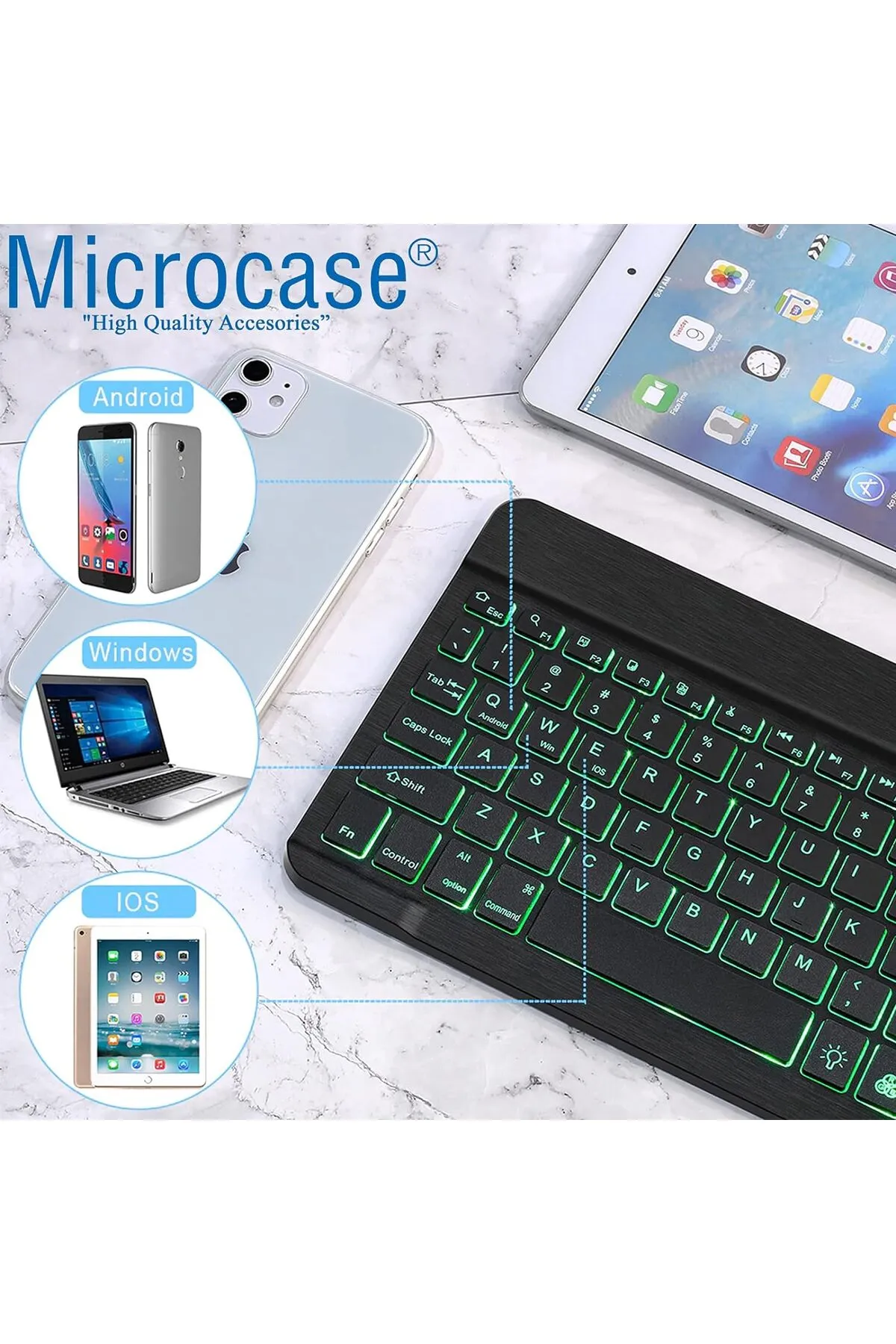 Microcase Tablet Telefonlar içinRGB Led Işıklı Bluetooth Klavye Şarjlı Kablosuz+TR Klavye Sticker-Uyumlu Siyah