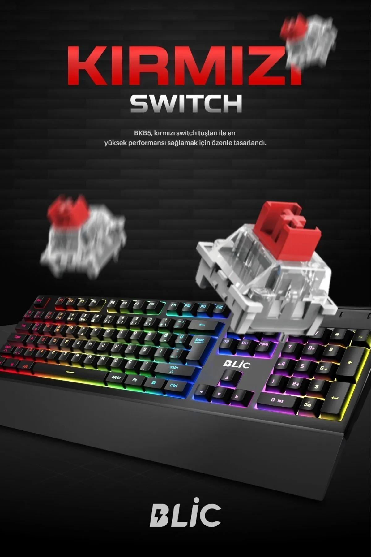 Sarftech Takıp Çıkarılabilen Bilek Destekli Siyah Rgb Red Switch Türkçe Q Gaming Oyuncu Mekanik Klavye Bkb5