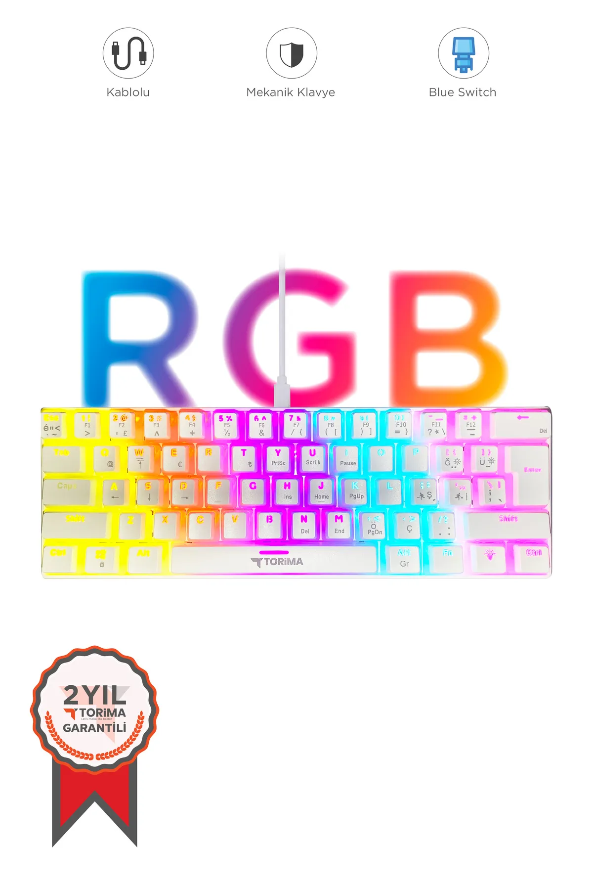 Torima Tk-04 Beyaz Mekanik Blue Switch Rgb Işıklı Kablolu Q Klavye