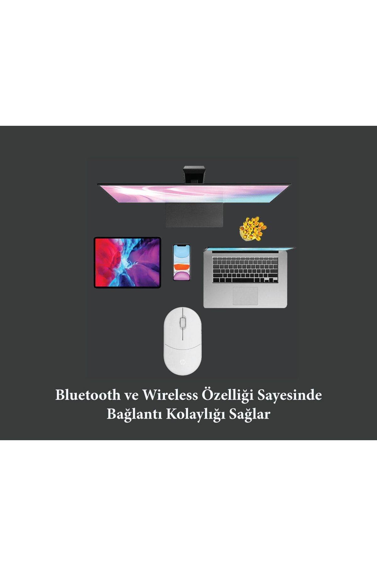 HP Tlm1 2,4ghz Wireless Bluetooth Kablosuz Sessiz Mouse Beyaz Telefon Pc Tablet Tv Laptop Mac Uyumlu