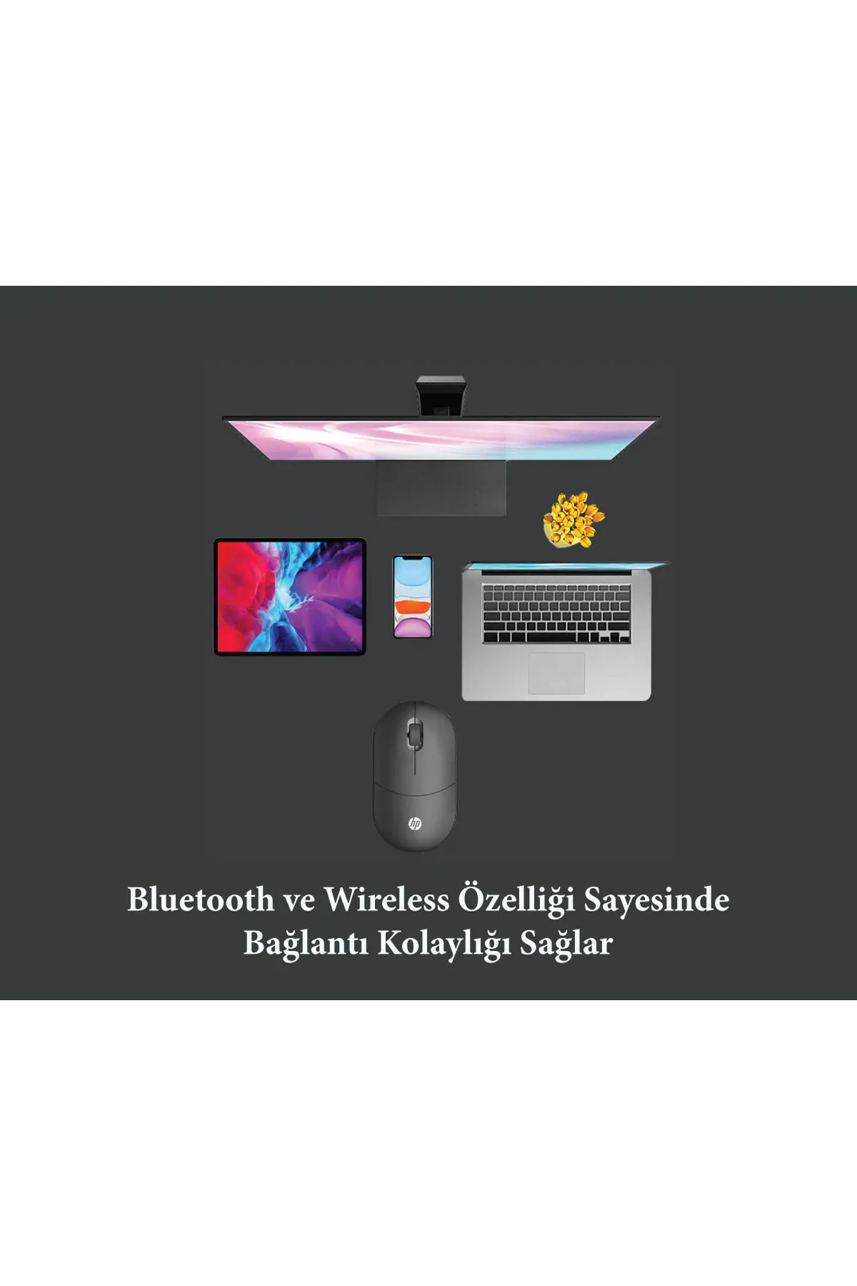 HP Tlm1 2,4ghz Wireless Bluetooth Kablosuz Sessiz Mouse Siyah Telefon Pc Tablet Tv Laptop Mac Uyumlu