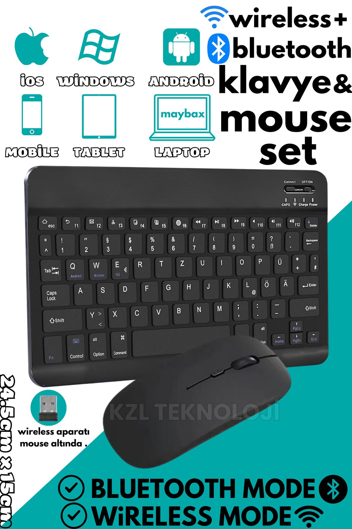 Maybax Tüm Cihazlara Uyumlu Akıllı Taşınabilir Şarjlı Kablosuz Bluetooth & Wireless  Klavye Mouse Seti