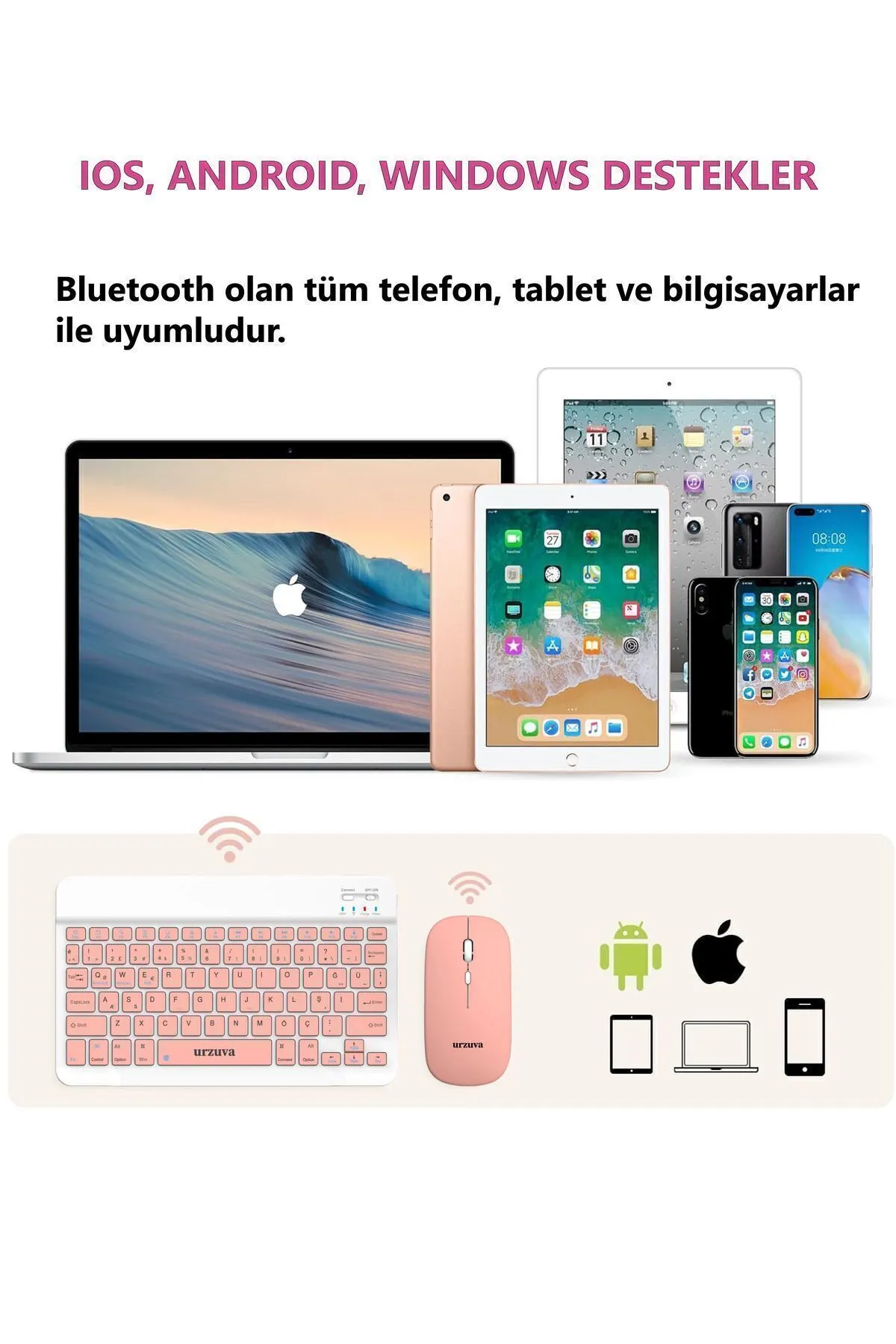 urzuva Tüm Cihazlara Uyumlu Şarj Edilebilir Bluetoothlu Kablosuz Klavye Mouse Set Mousepadli