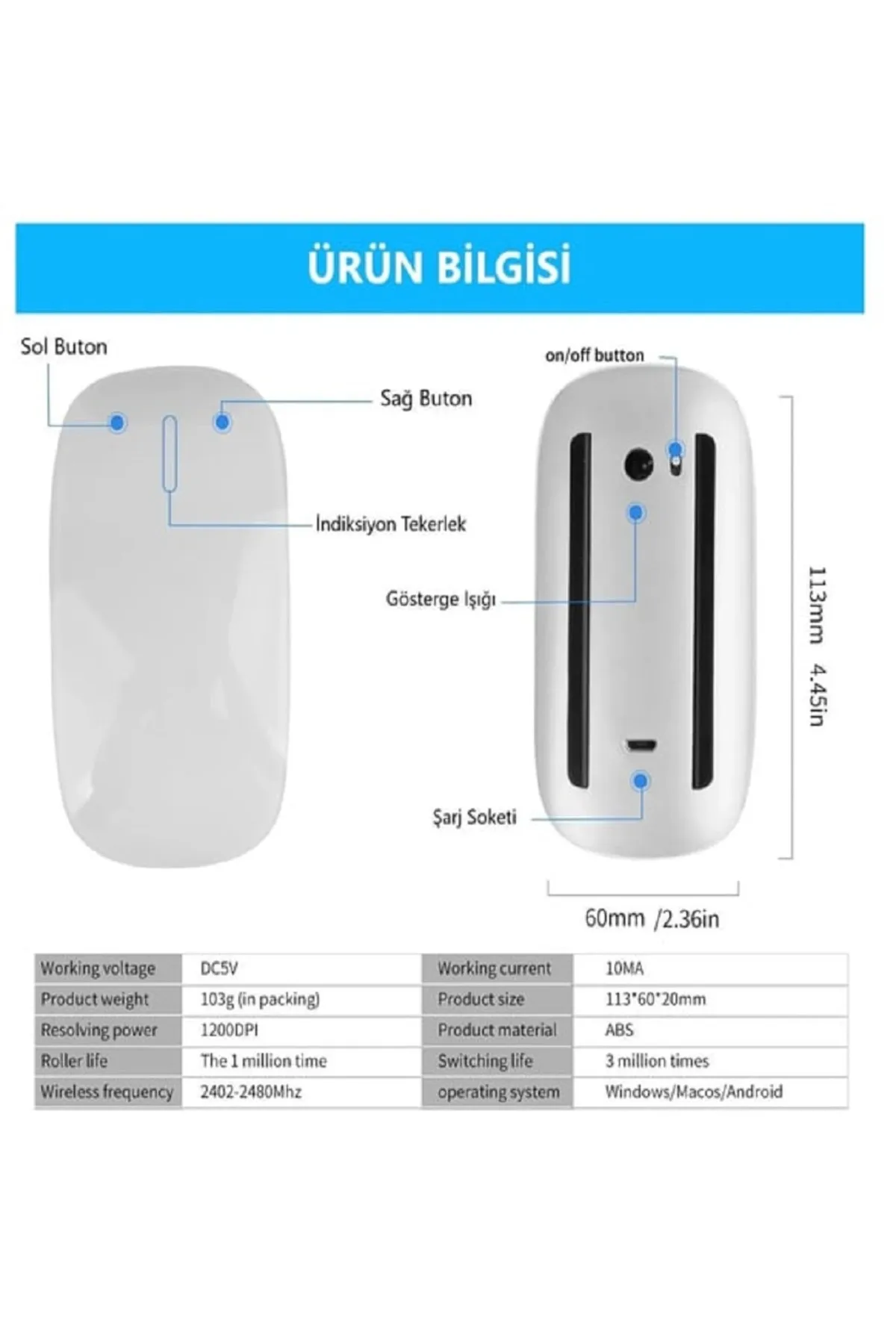 Wontis Touch Bluetooth Mouse Tablet Telefon Bilgisayar ile Uyumlu