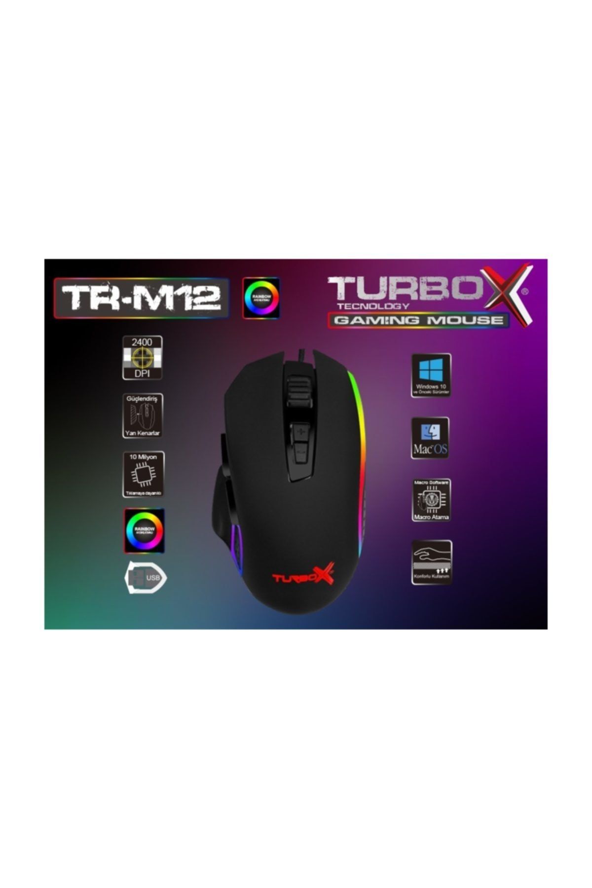 Turbox Tr-m12 2400 Dpı 10m Tıklama Usb Kablo Gaming Rgb Işıklı Mouse