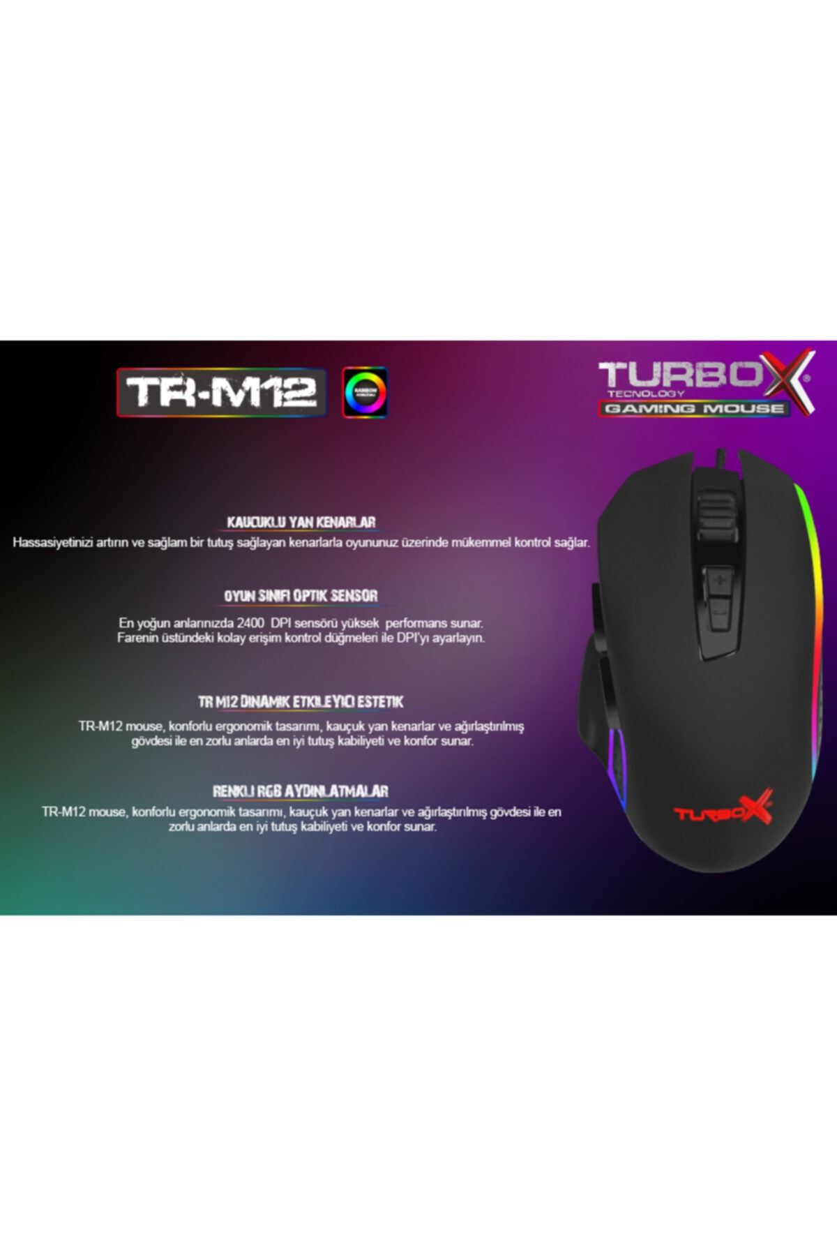 Turbox Tr-m12 2400 Dpı 10m Tıklama Usb Kablo Gaming Rgb Işıklı Mouse