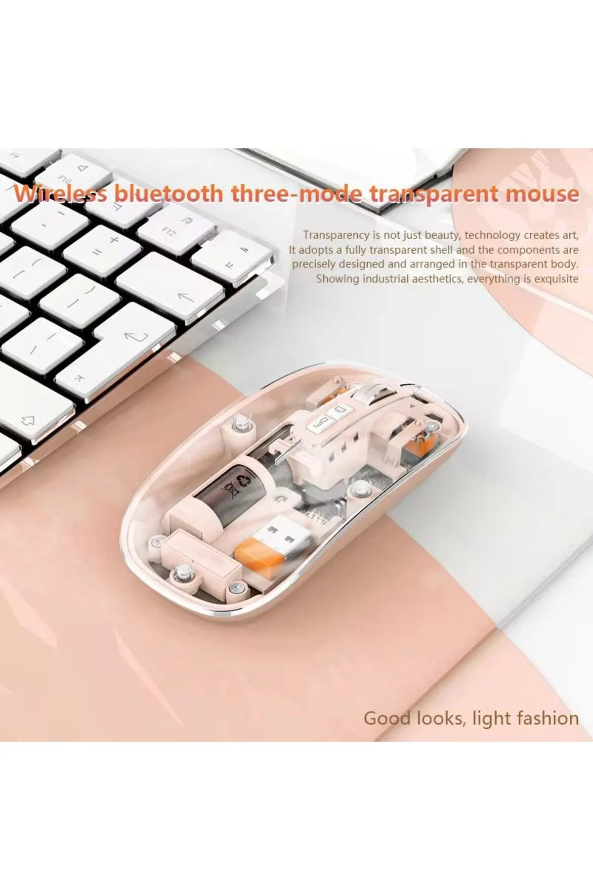 TEKNOMATİK Transparan Şeffaf Mouse Kablosuz Mouse Fare Şarjlı Bluetooth Wireless Çift Modlu Sessiz 5 Tuşlu