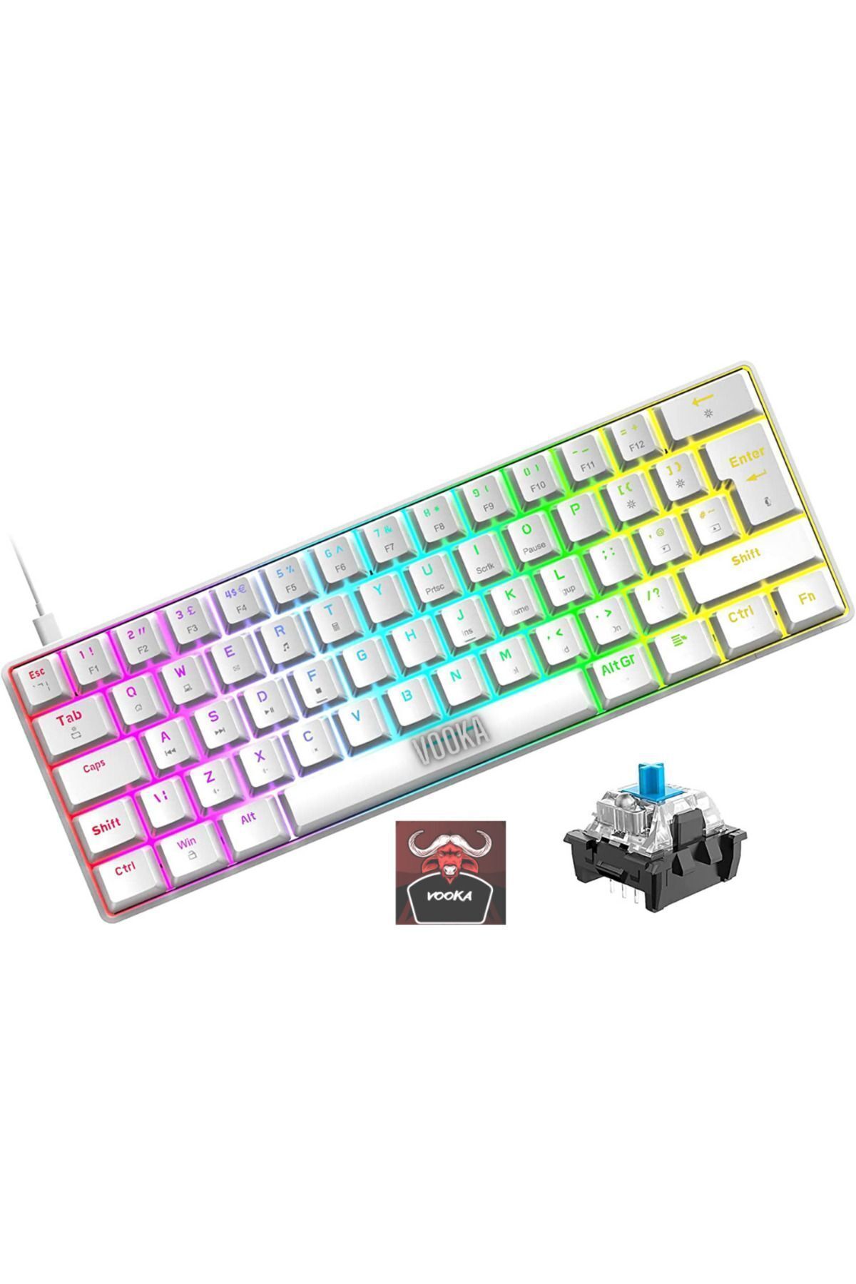 VOOKA Trol Blue Switch Mini Rgb Oyun Klavyesi Gaming Mekanik 62 Tuşlu 18 Rgb Led Usb Tip-c Kablosu Beyaz